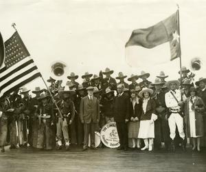 Primary view of object titled '[Photograph of Cowboy Band with HSU President]'.