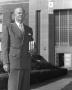 Photograph: [Photograph of Rupert N. Richardson in Front of Sandefer Memorial]