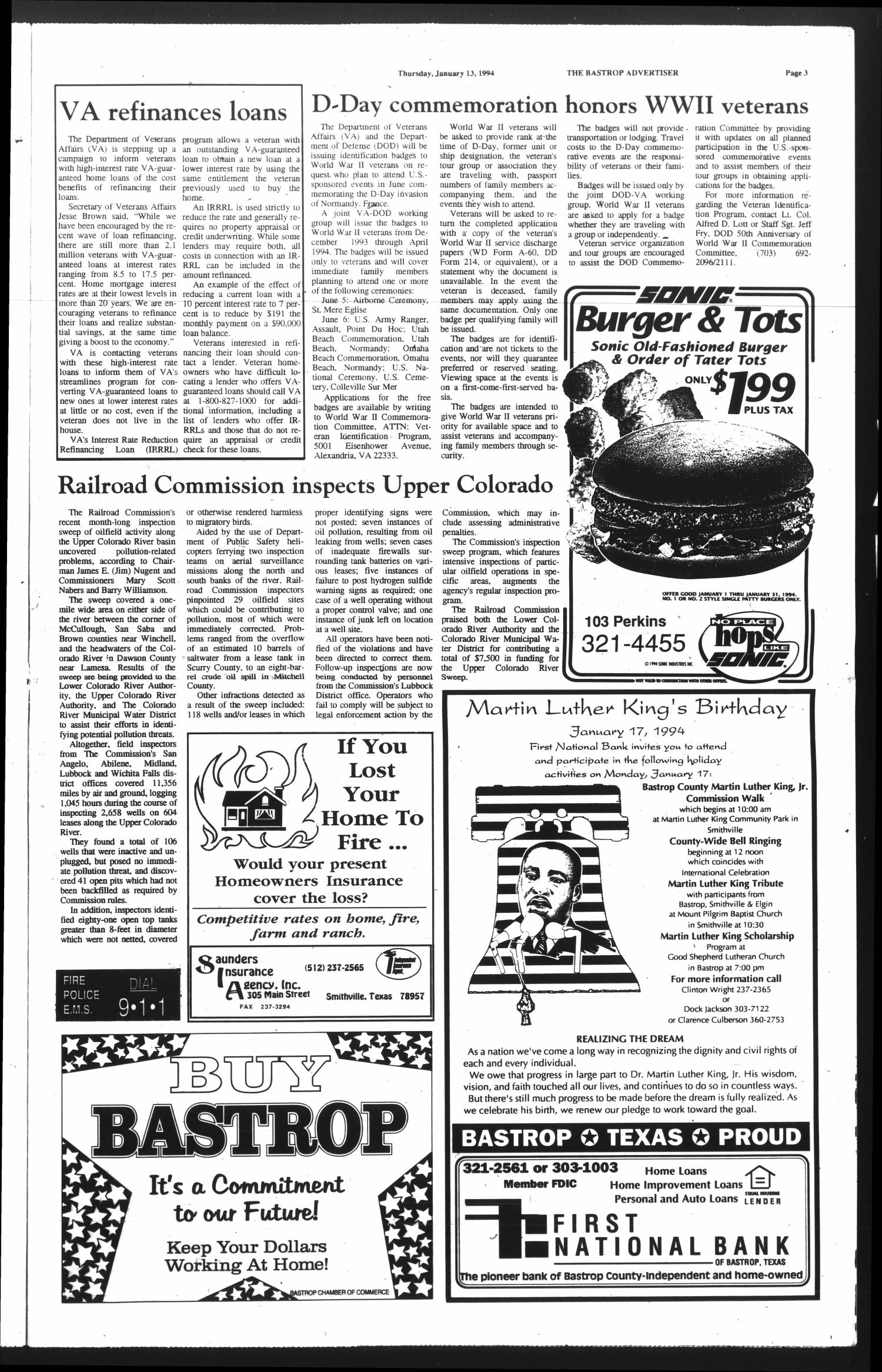 The Bastrop Advertiser (Bastrop, Tex.), Vol. 140, No. 91, Ed. 1 Thursday, January 13, 1994
                                                
                                                    [Sequence #]: 3 of 36
                                                