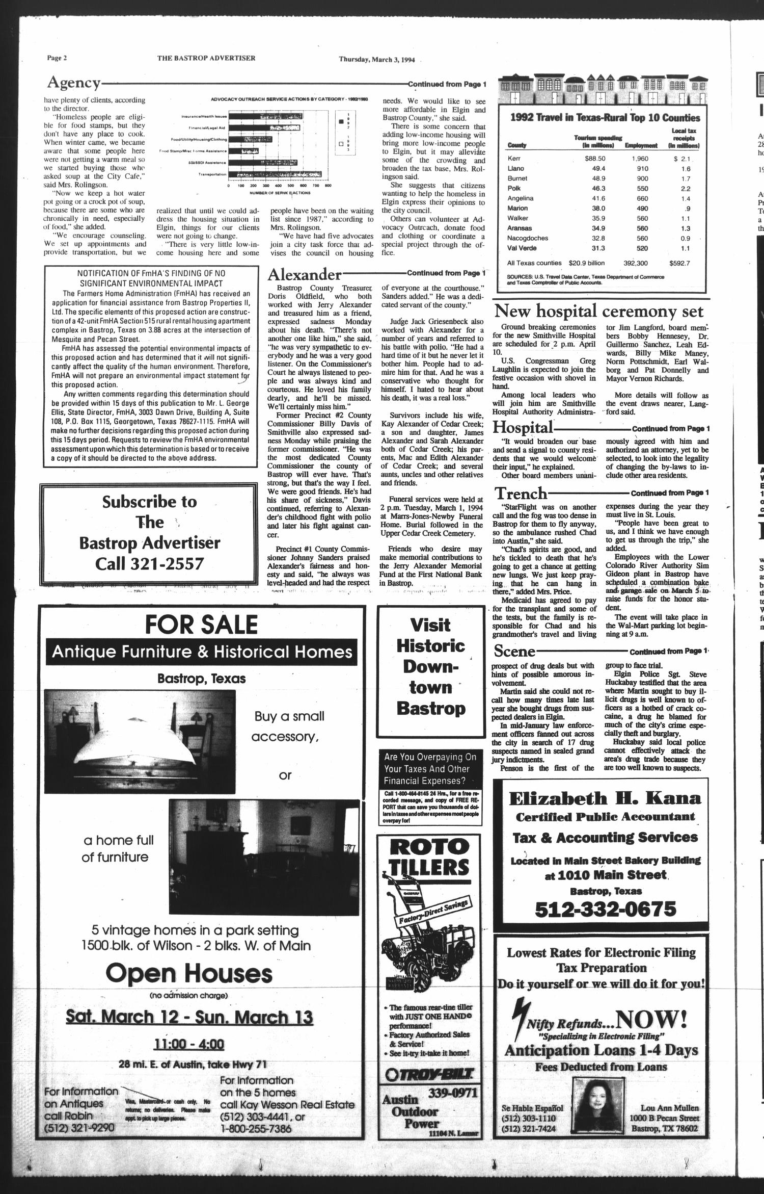 The Bastrop Advertiser (Bastrop, Tex.), Vol. 141, No. 1, Ed. 1 Thursday, March 3, 1994
                                                
                                                    [Sequence #]: 2 of 20
                                                