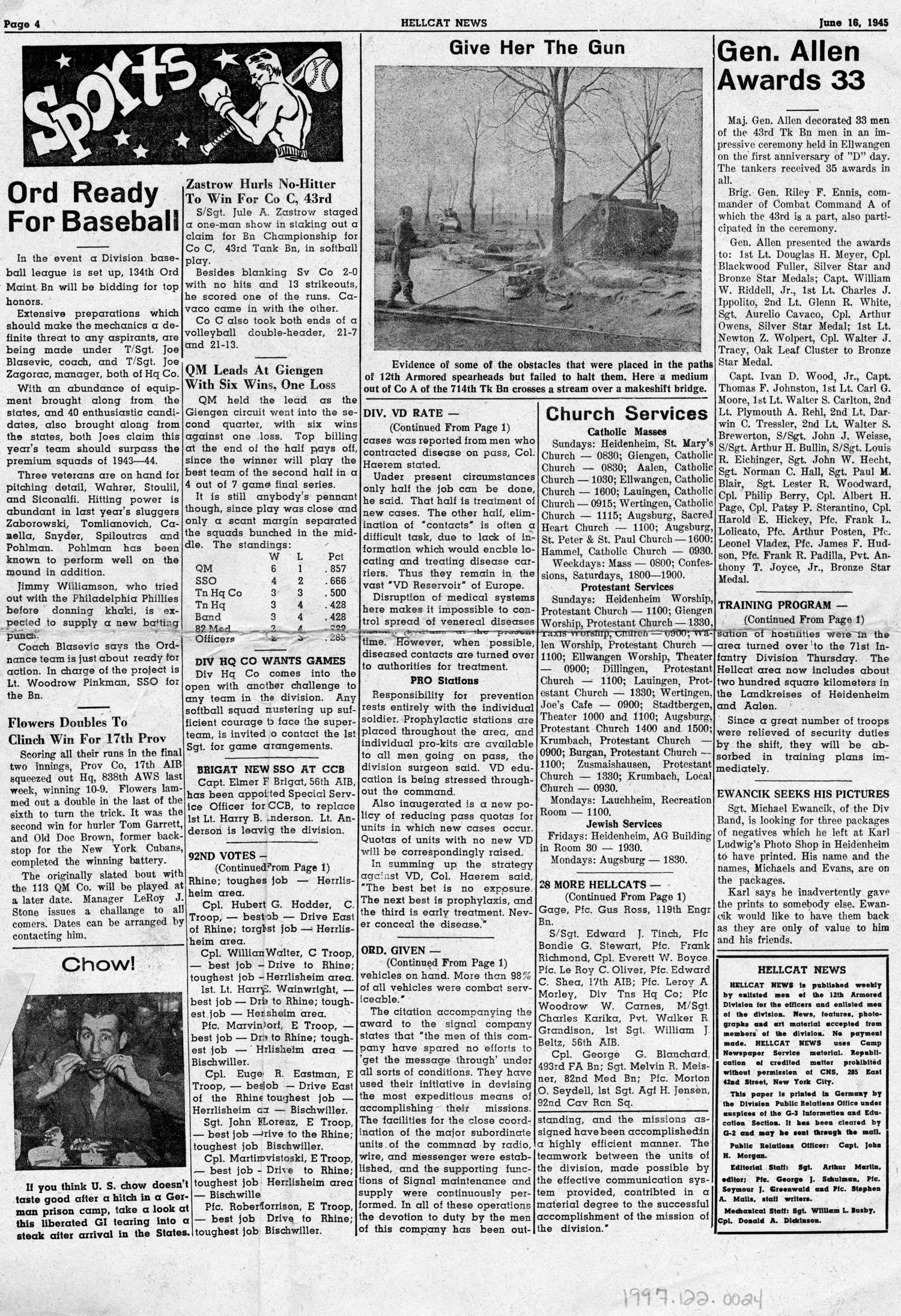 Hellcat News, (Heidenheim, Germany), Vol. 3 , No. 5, Ed. 1, Saturday, June 16, 1945
                                                
                                                    [Sequence #]: 4 of 4
                                                