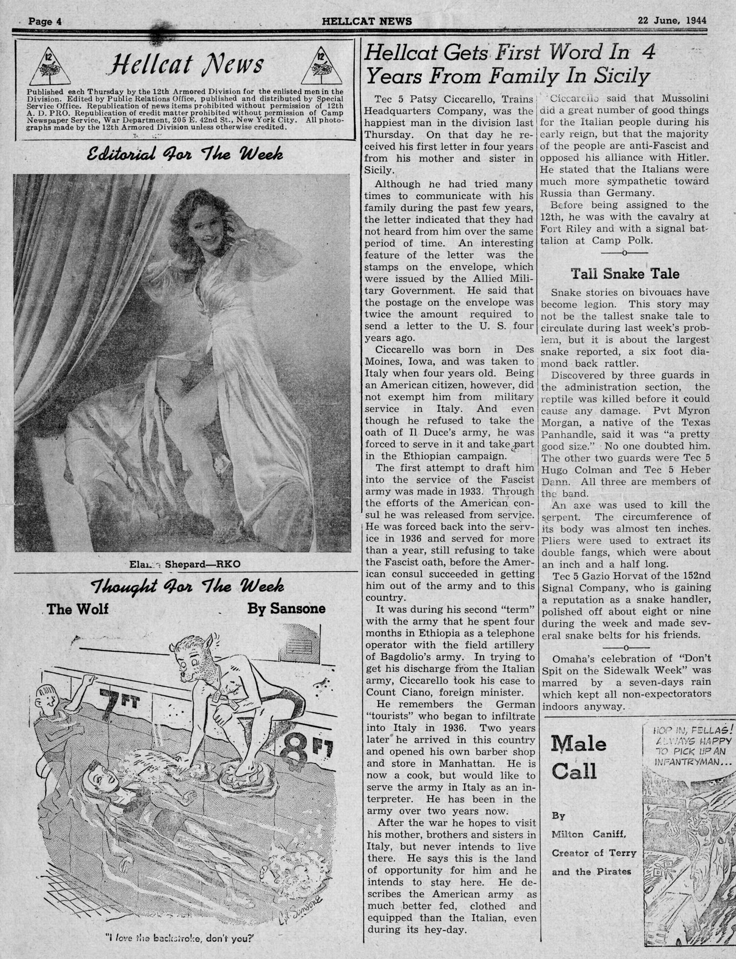 Hellcat News, Vol. 2, No. 20, Ed. 1, June 22, 1944
                                                
                                                    [Sequence #]: 4 of 8
                                                