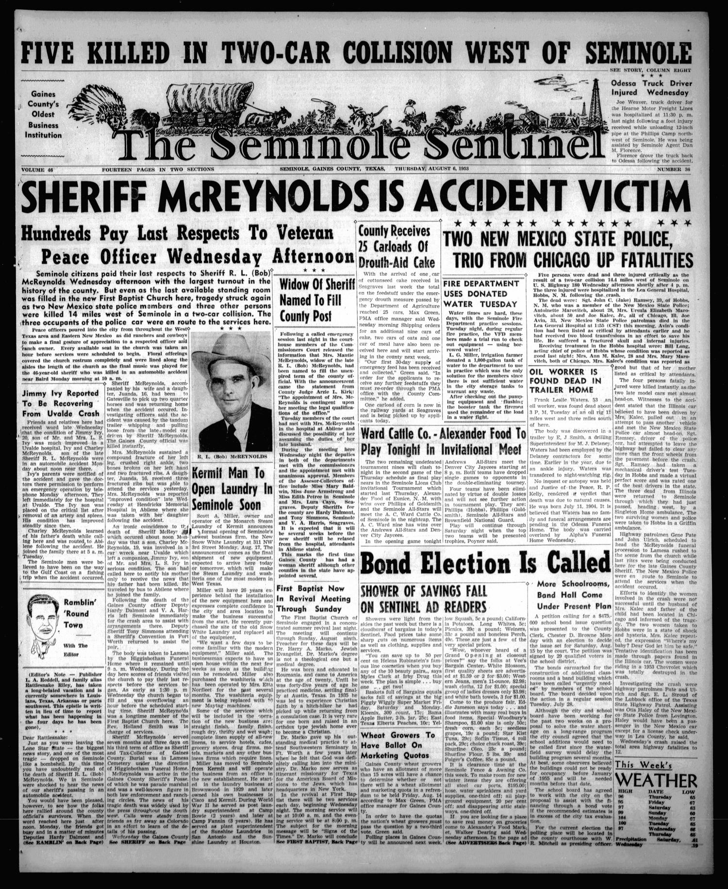 The Seminole Sentinel (Seminole, Tex.), Vol. 46, No. 36, Ed. 1 Thursday, August 6, 1953
                                                
                                                    [Sequence #]: 1 of 14
                                                