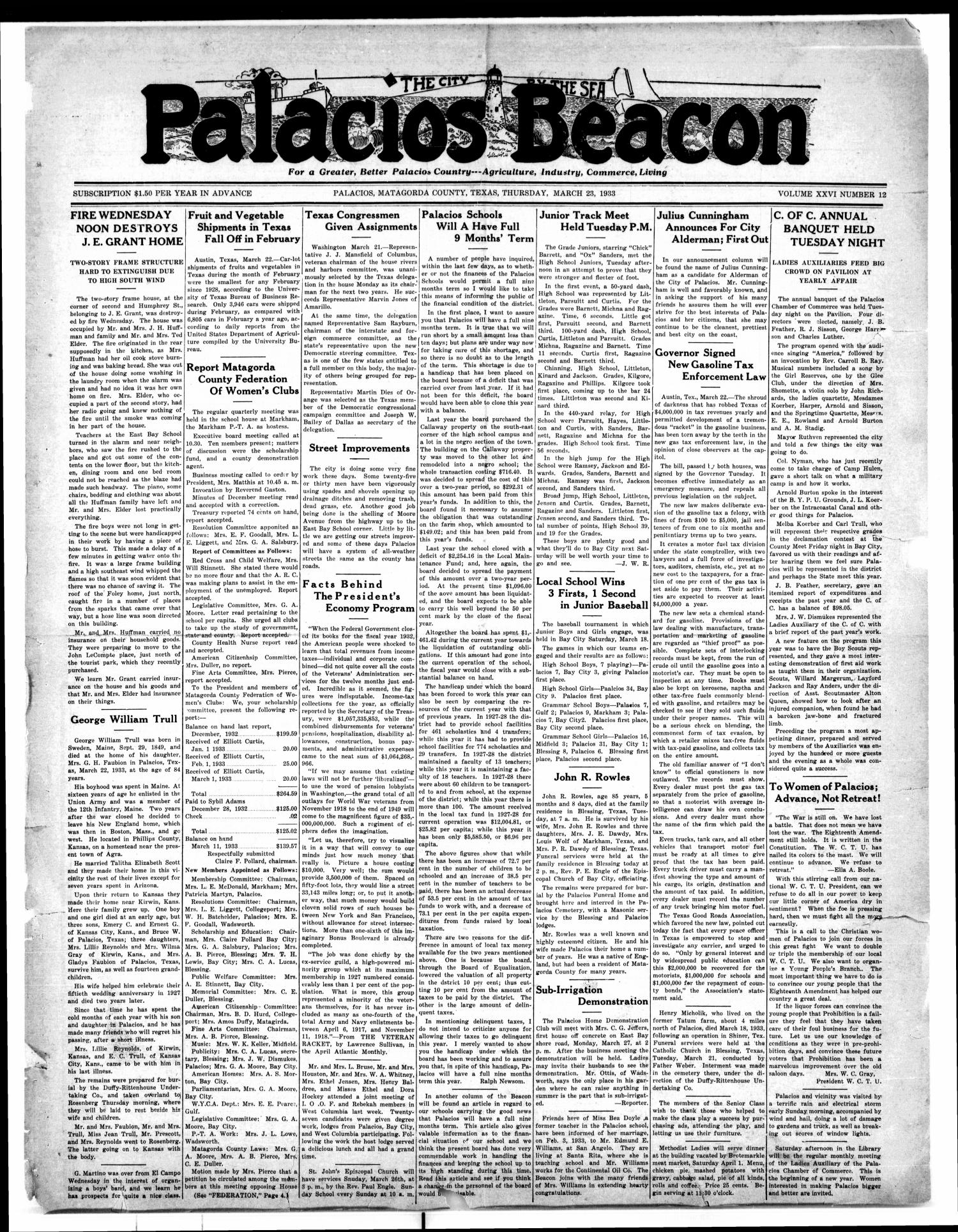 Palacios Beacon (Palacios, Tex.), Vol. 26, No. 12, Ed. 1 Thursday, March 23, 1933
                                                
                                                    [Sequence #]: 1 of 4
                                                