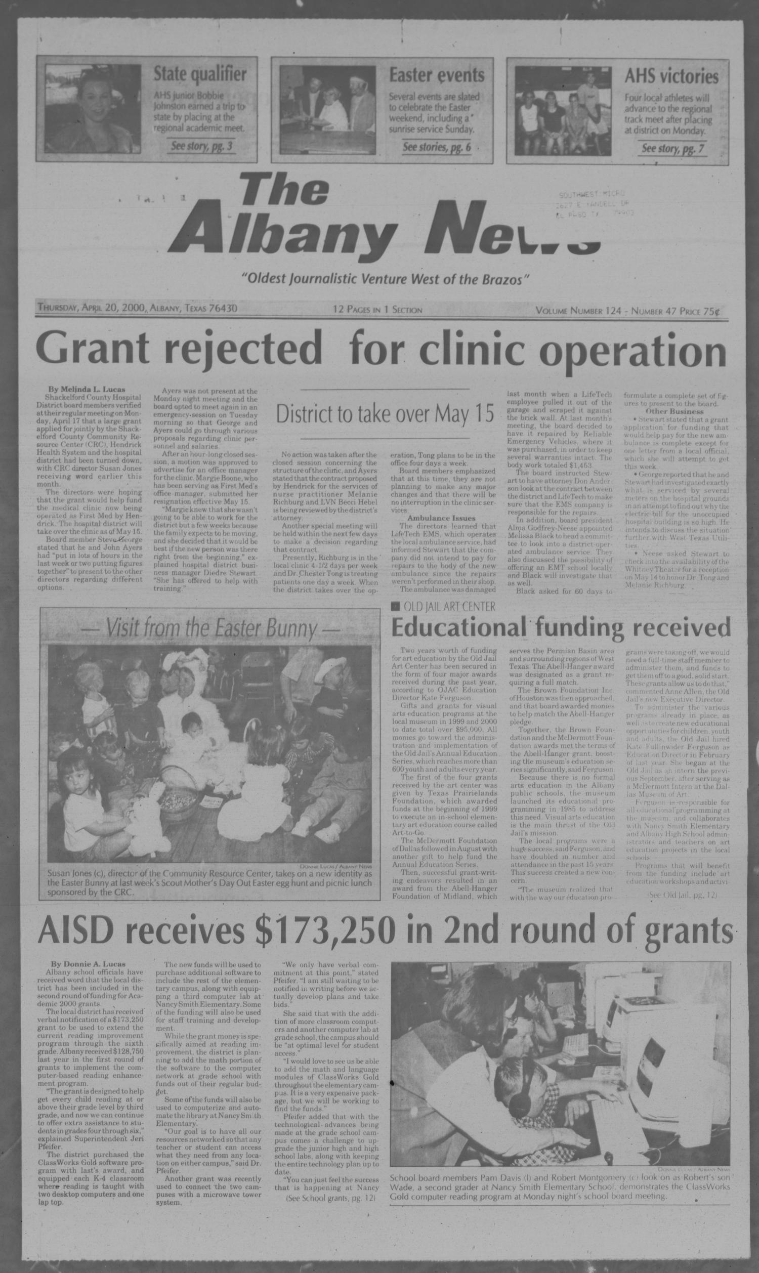 The Albany News (Albany, Tex.), Vol. 124, No. 47, Ed. 1 Thursday, April 20, 2000
                                                
                                                    [Sequence #]: 1 of 18
                                                