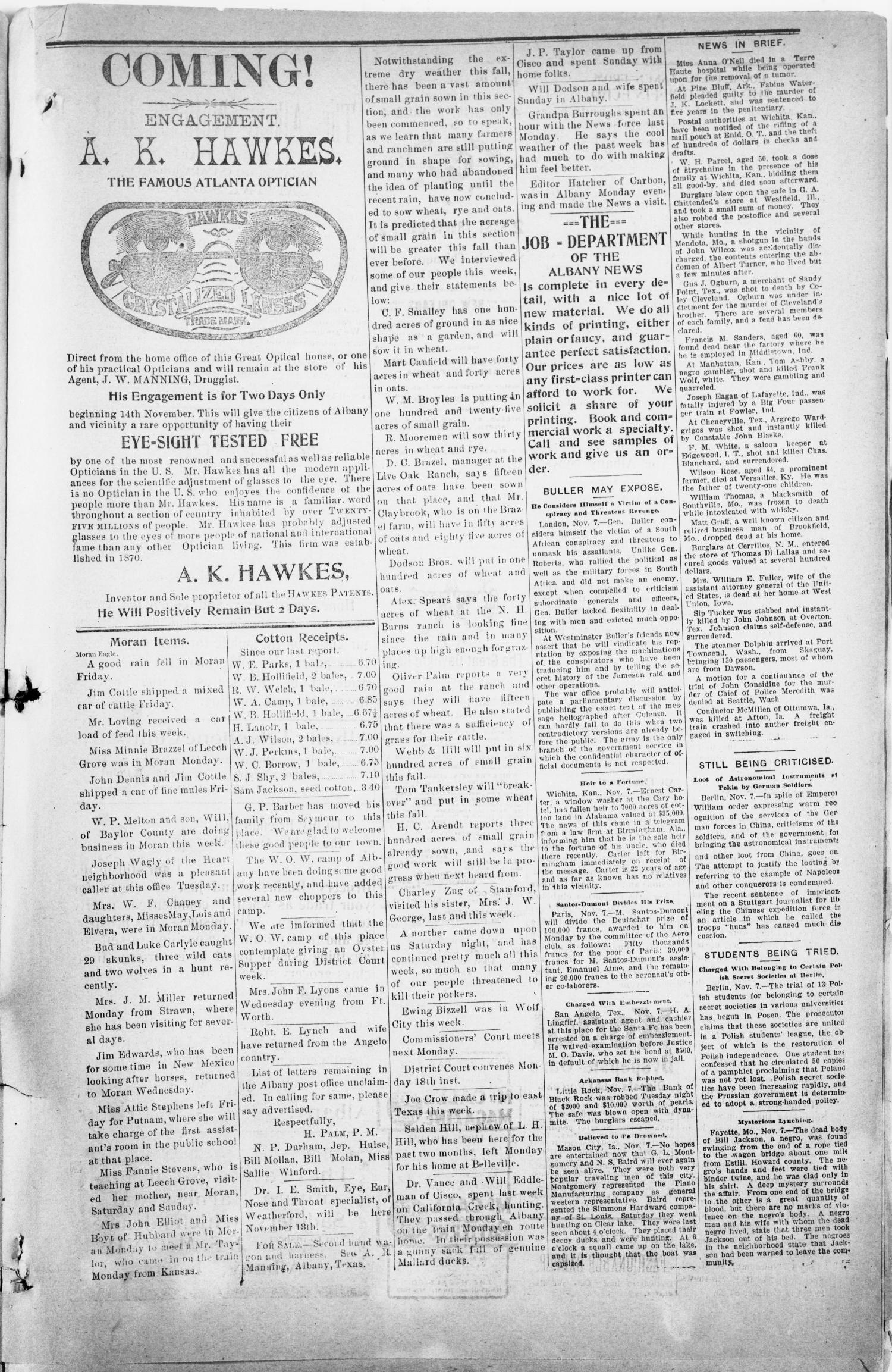 The Albany News. (Albany, Tex.), Vol. 18, No. 25, Ed. 1 Friday, November 8, 1901
                                                
                                                    [Sequence #]: 5 of 9
                                                