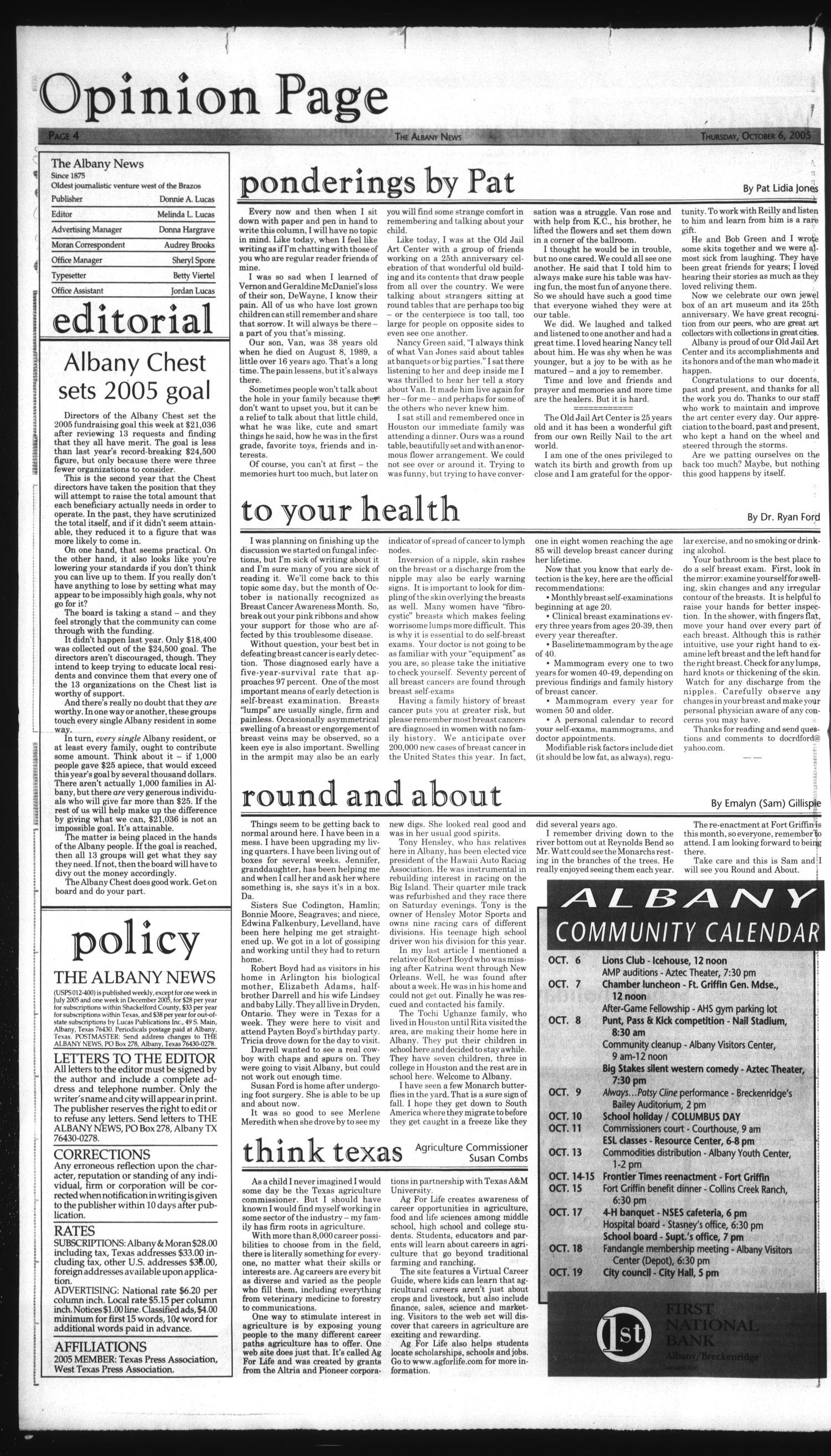 The Albany News (Albany, Tex.), Vol. 130, No. 19, Ed. 1 Thursday, October 6, 2005
                                                
                                                    [Sequence #]: 4 of 12
                                                