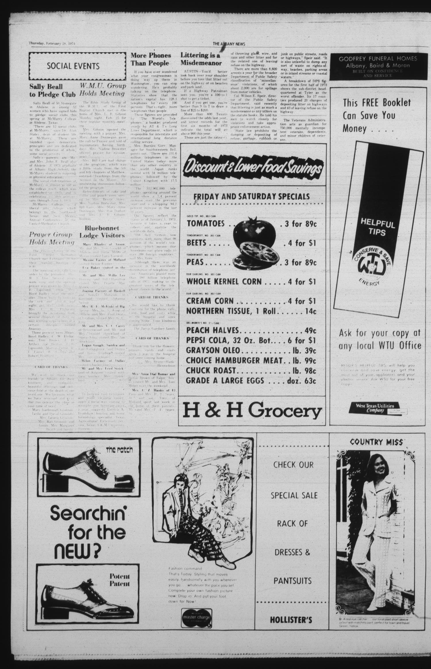 The Albany News (Albany, Tex.), Vol. 90, No. 27, Ed. 1 Thursday, February 28, 1974
                                                
                                                    [Sequence #]: 4 of 8
                                                