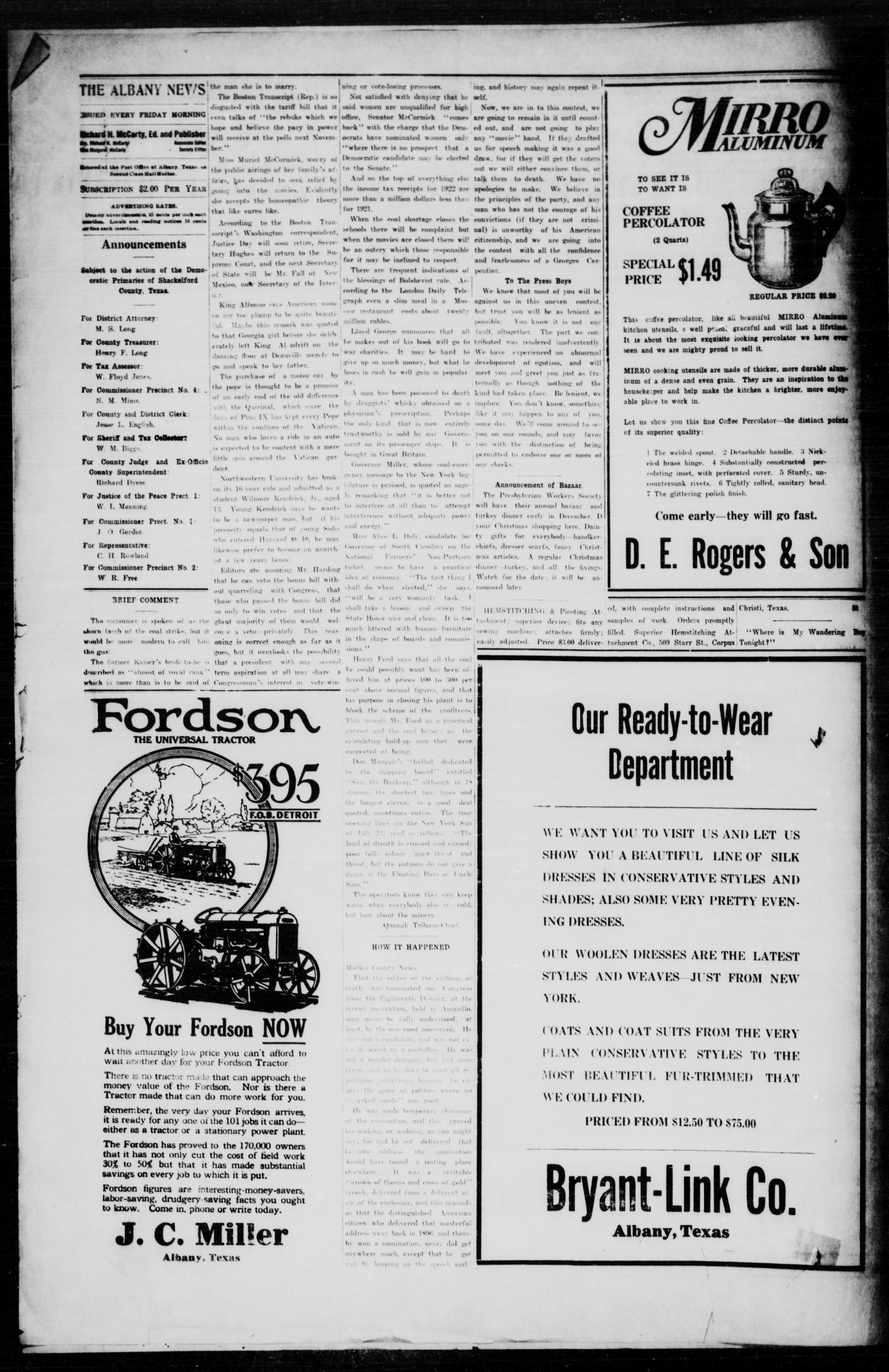 The Albany News (Albany, Tex.), Vol. 39, No. 12, Ed. 1 Friday, September 22, 1922
                                                
                                                    [Sequence #]: 4 of 8
                                                