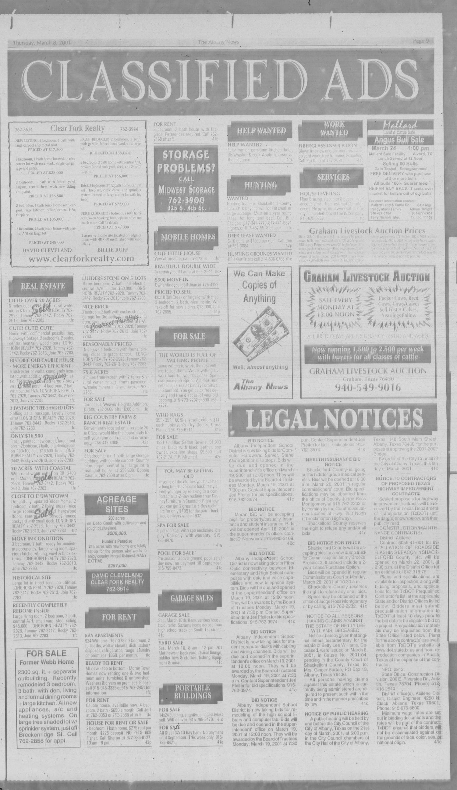 The Albany News (Albany, Tex.), Vol. 125, No. 41, Ed. 1 Thursday, March 8, 2001
                                                
                                                    [Sequence #]: 9 of 9
                                                