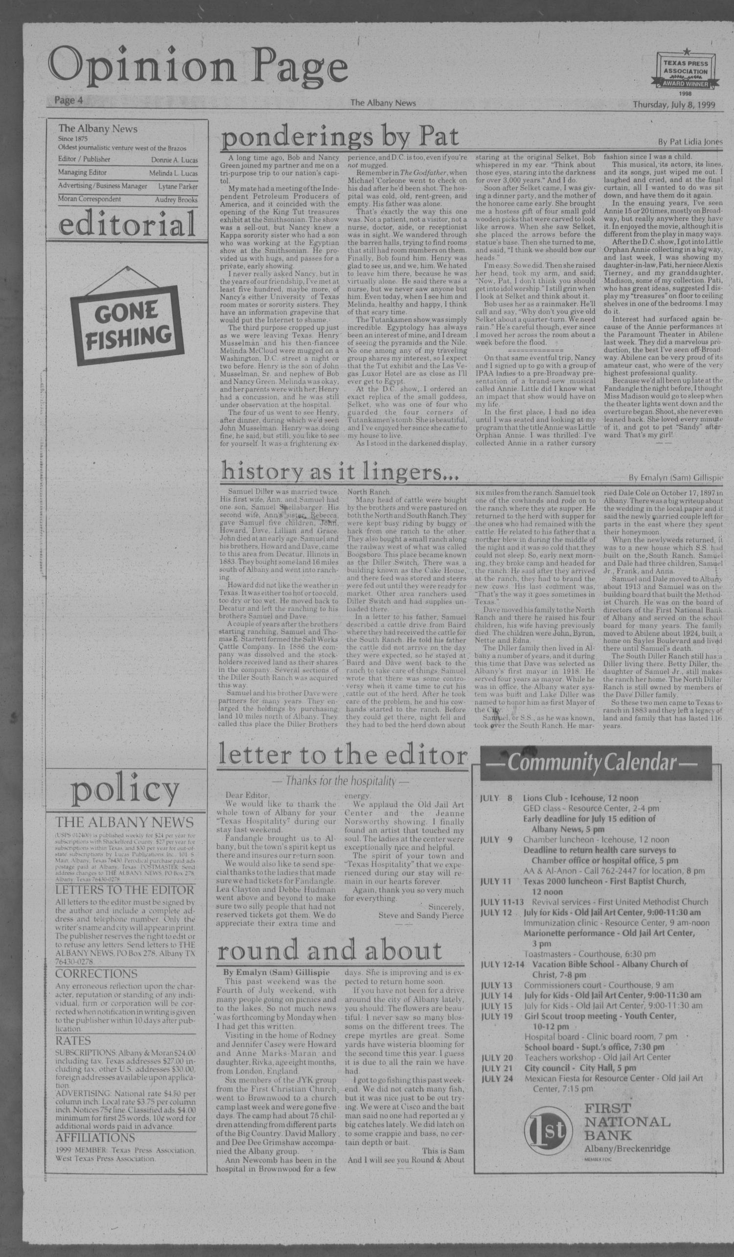 The Albany News (Albany, Tex.), Vol. 124, No. 6, Ed. 1 Thursday, July 8, 1999
                                                
                                                    [Sequence #]: 4 of 10
                                                