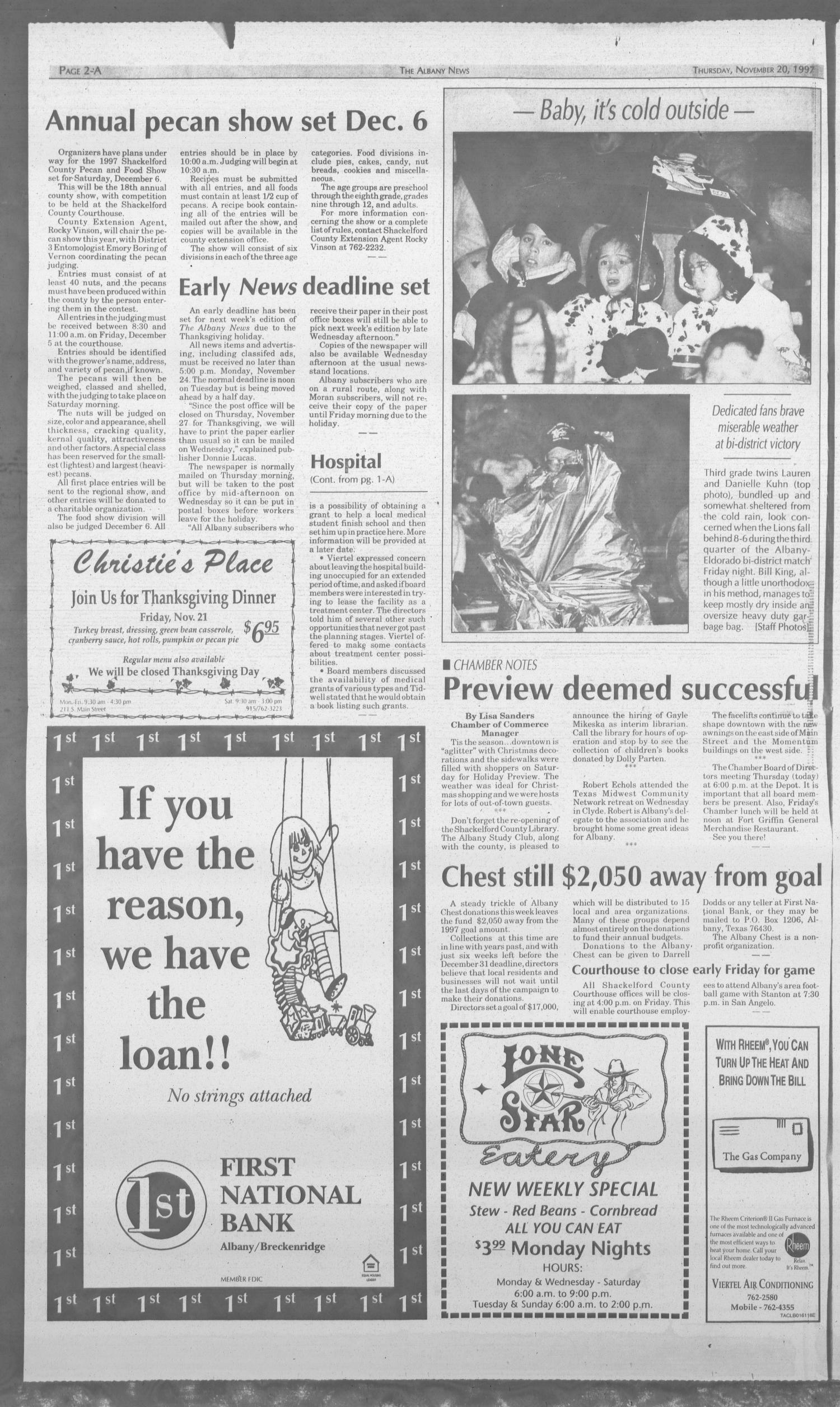 The Albany News (Albany, Tex.), Vol. 122, No. 25, Ed. 1 Thursday, November 20, 1997
                                                
                                                    [Sequence #]: 2 of 14
                                                