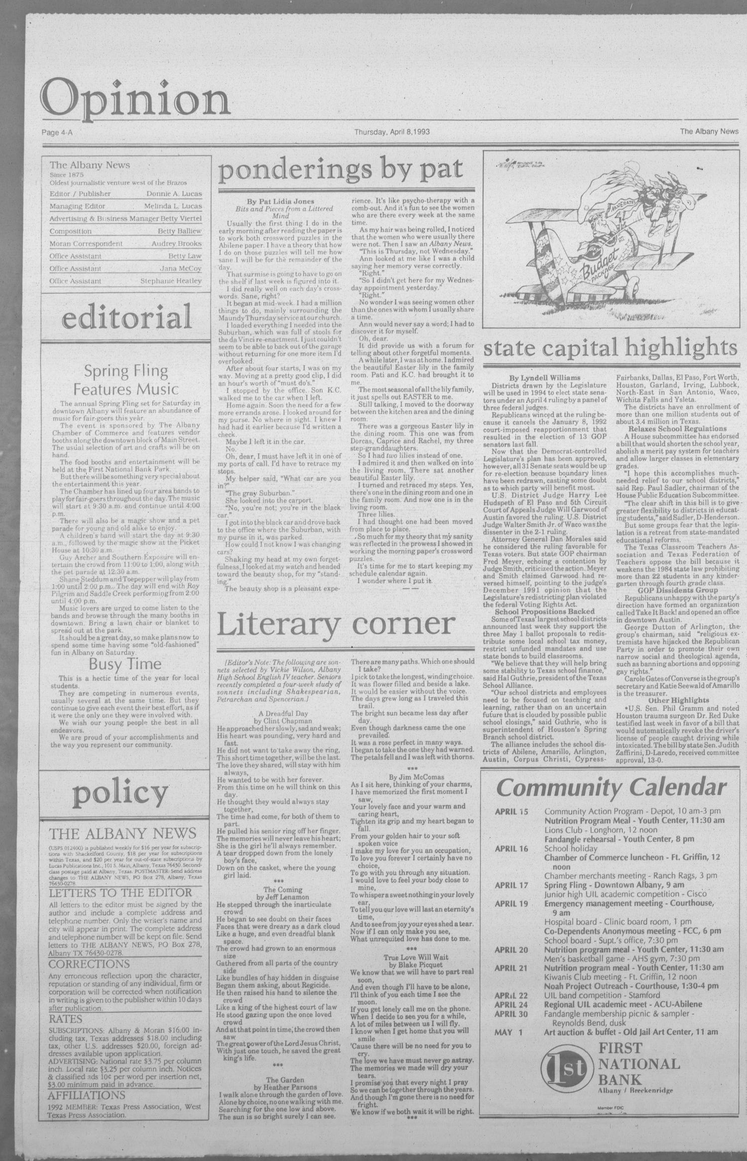 The Albany News (Albany, Tex.), Vol. 117, No. 45, Ed. 1 Thursday, April 15, 1993
                                                
                                                    [Sequence #]: 4 of 20
                                                
