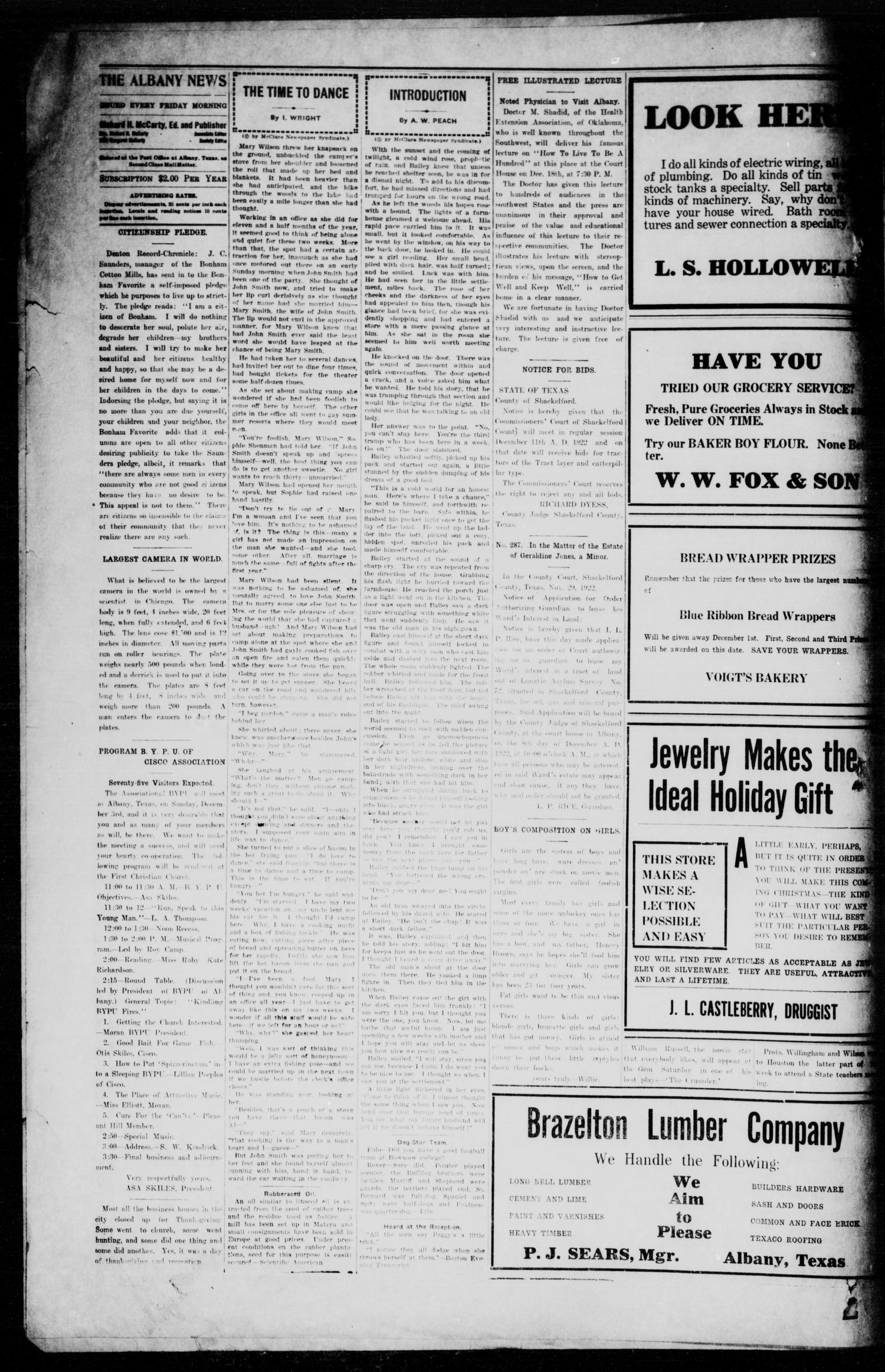 The Albany News (Albany, Tex.), Vol. 39, No. 22, Ed. 1 Friday, December 1, 1922
                                                
                                                    [Sequence #]: 4 of 8
                                                