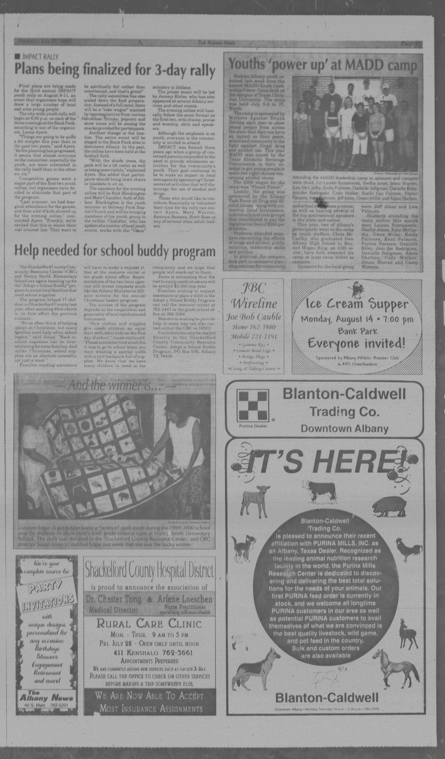 The Albany News (Albany, Tex.), Vol. 125, No. 9, Ed. 1 Thursday, July 27, 2000
                                                
                                                    [Sequence #]: 3 of 16
                                                