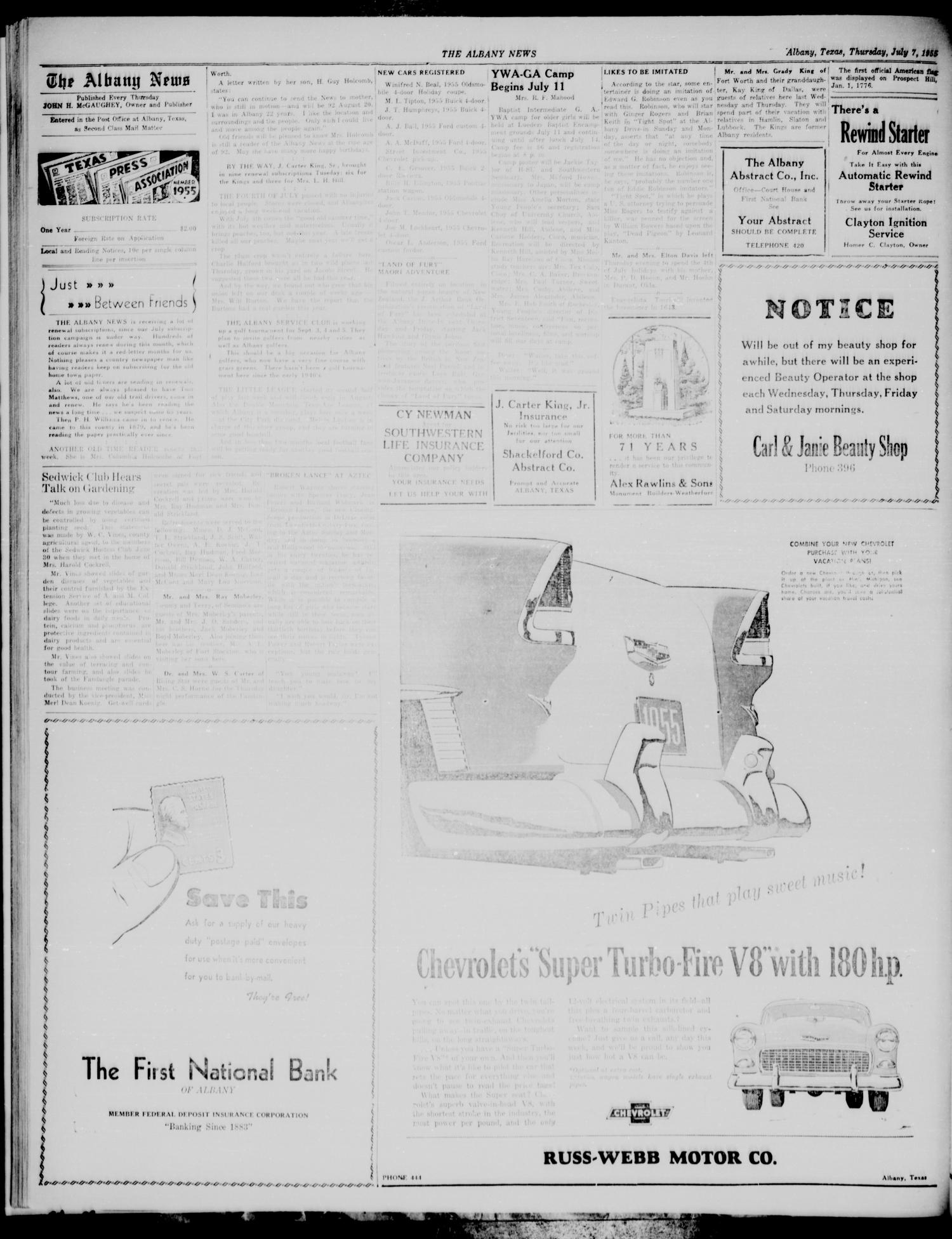 The Albany News (Albany, Tex.), Vol. 71, No. 43, Ed. 1 Thursday, July 7, 1955
                                                
                                                    [Sequence #]: 2 of 8
                                                