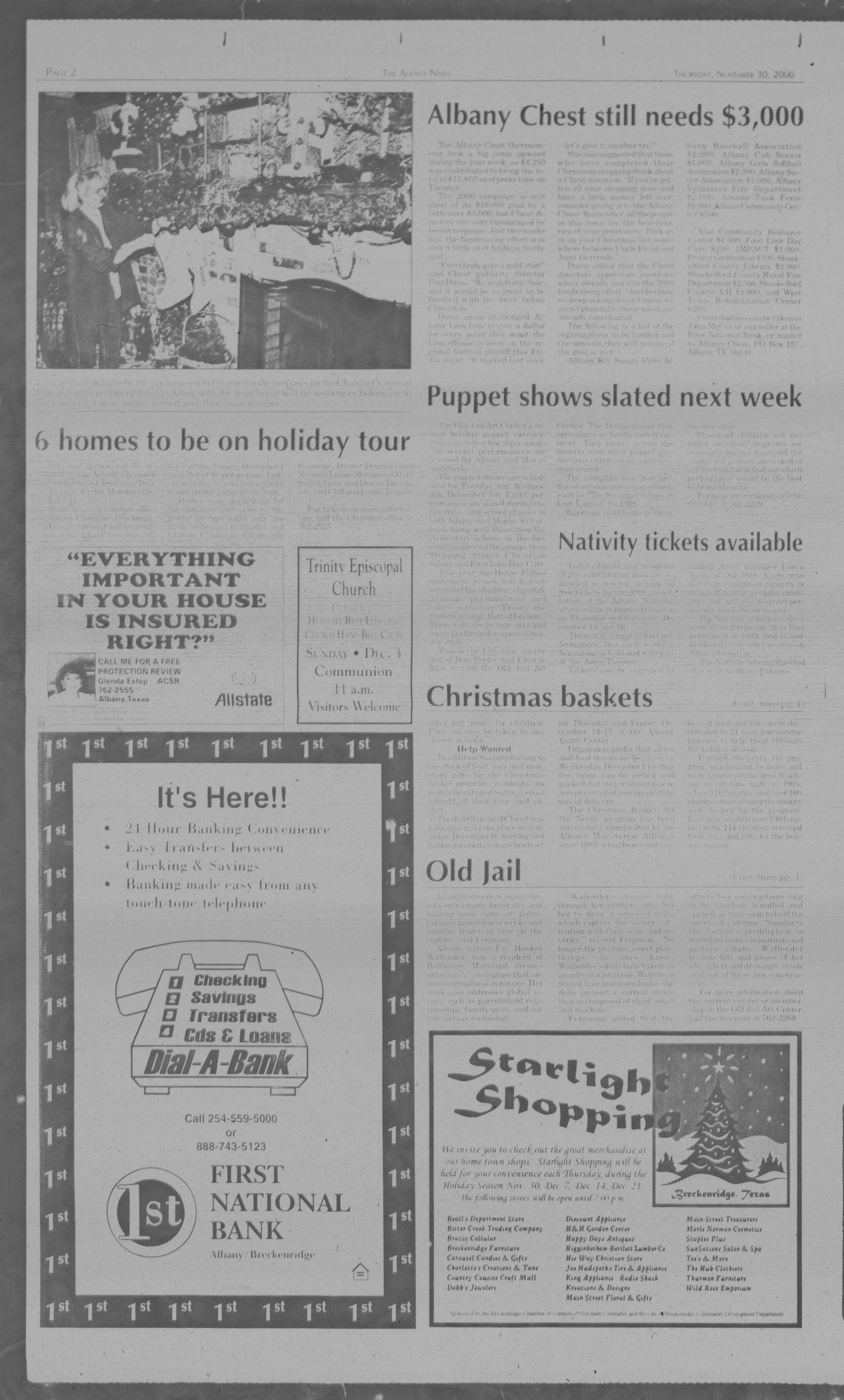 The Albany News (Albany, Tex.), Vol. 125, No. 27, Ed. 1 Thursday, November 30, 2000
                                                
                                                    [Sequence #]: 2 of 23
                                                