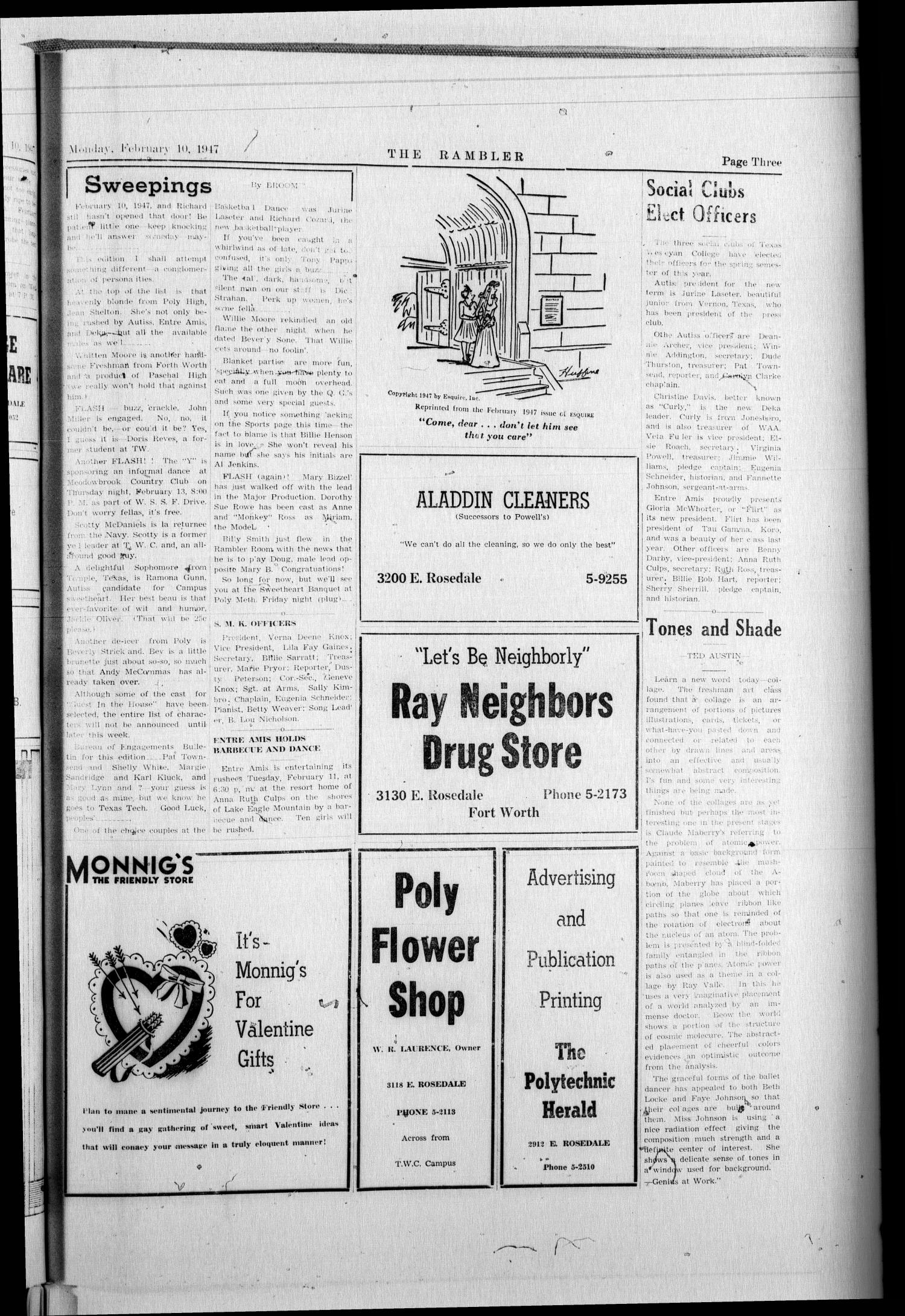 The Rambler (Fort Worth, Tex.), Vol. 19, No. 9, Ed. 1 Monday, February 10, 1947
                                                
                                                    [Sequence #]: 3 of 4
                                                