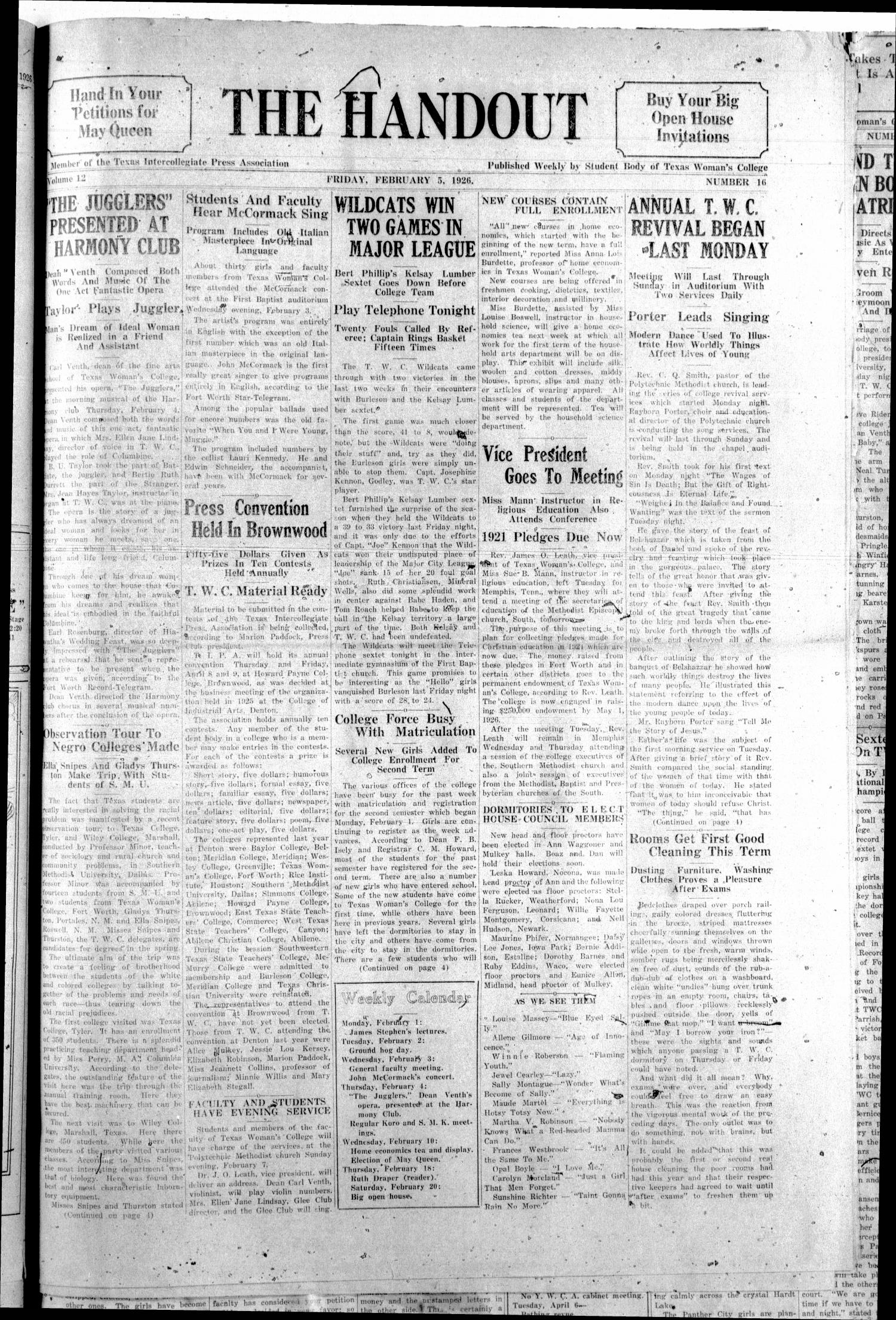 The Handout (Fort Worth, Tex.), Vol. 12, No. 16, Ed. 1 Friday, February 5, 1926
                                                
                                                    [Sequence #]: 1 of 4
                                                
