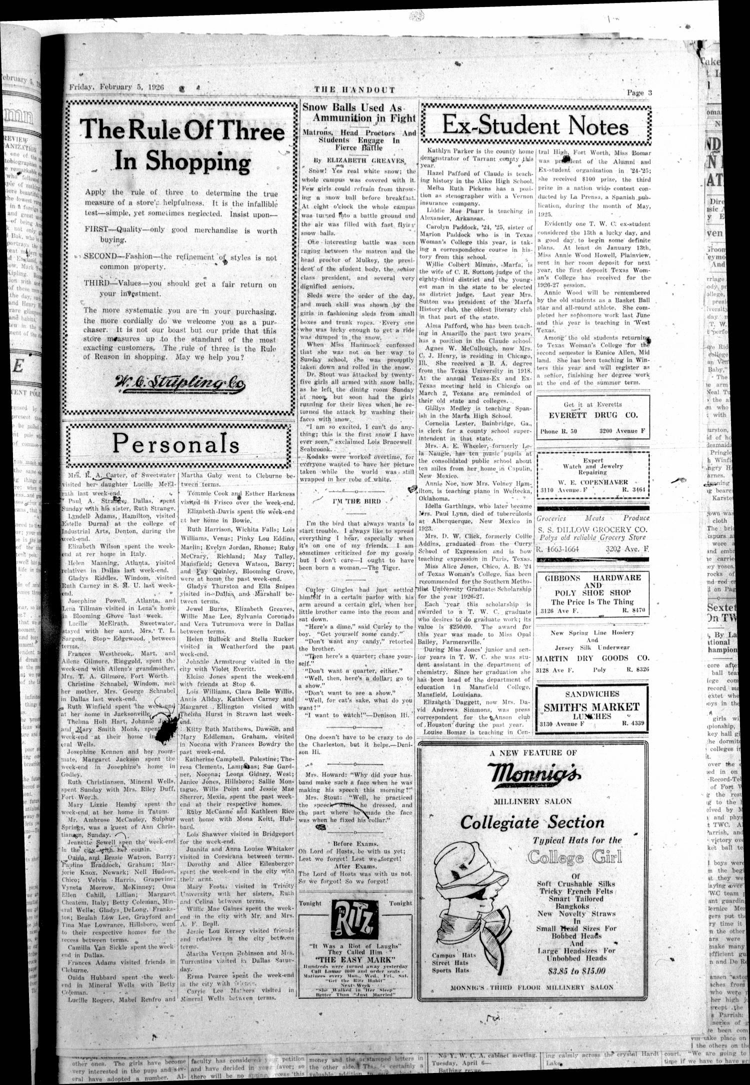 The Handout (Fort Worth, Tex.), Vol. 12, No. 16, Ed. 1 Friday, February 5, 1926
                                                
                                                    [Sequence #]: 3 of 4
                                                