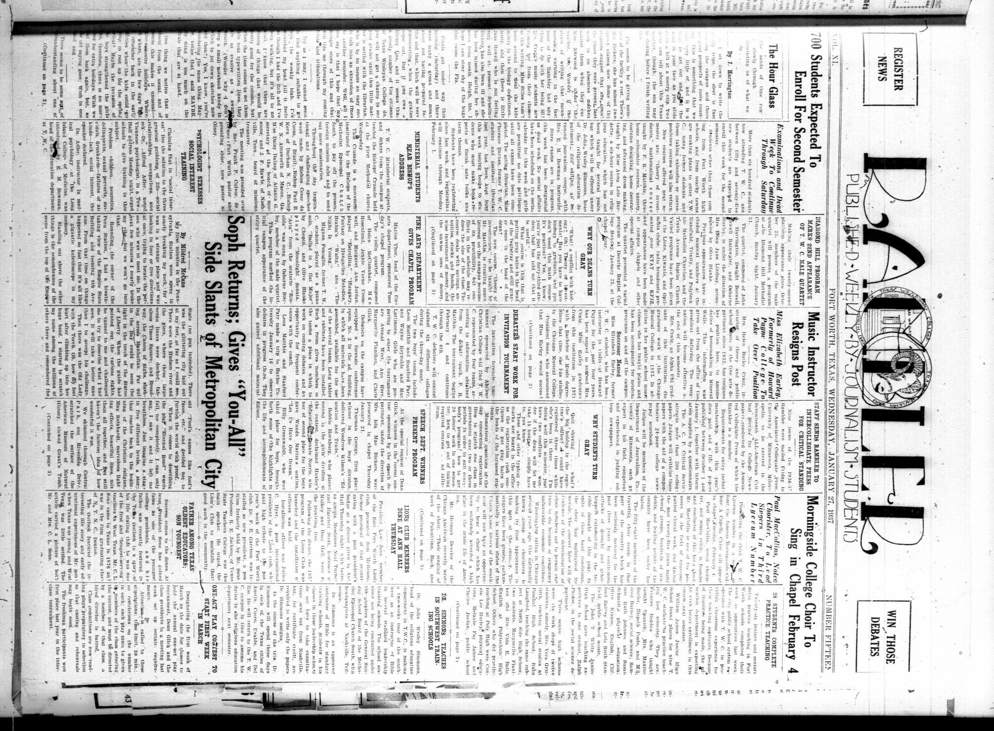 Rambler (Fort Worth, Tex.), Vol. 11, No. 15, Ed. 1 Wednesday, January 27, 1937
                                                
                                                    [Sequence #]: 1 of 4
                                                