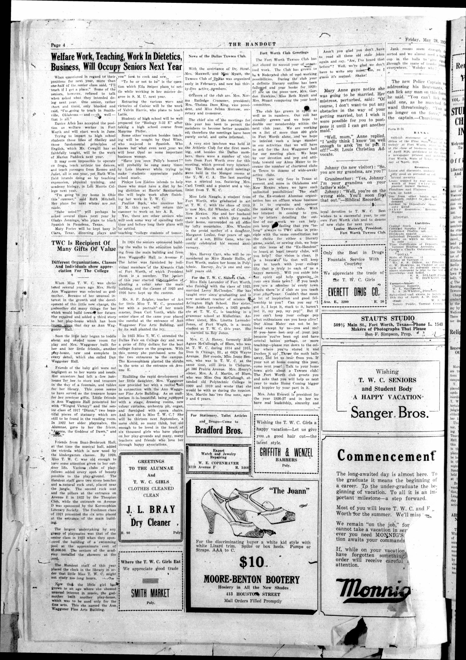 The Handout (Fort Worth, Tex.), Vol. 12, No. 25, Ed. 1 Friday, May 28, 1926
                                                
                                                    [Sequence #]: 4 of 4
                                                
