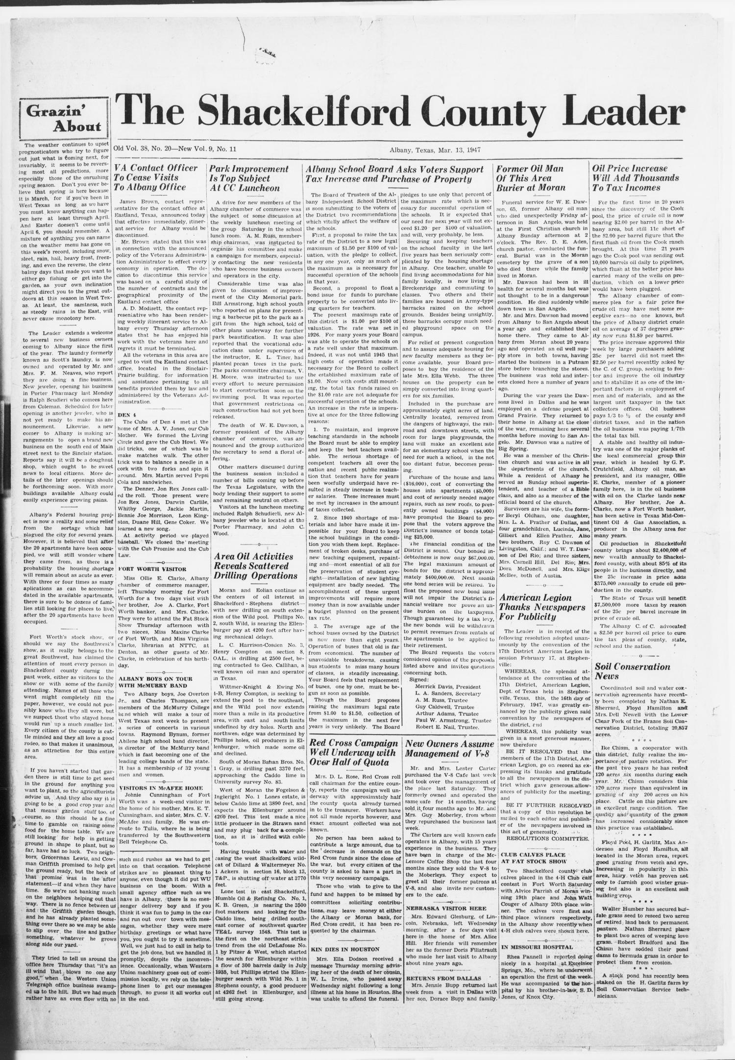 The Shackelford County Leader (Albany, Tex.), Vol. 9, No. 11, Ed. 1 Thursday, March 13, 1947
                                                
                                                    [Sequence #]: 1 of 10
                                                