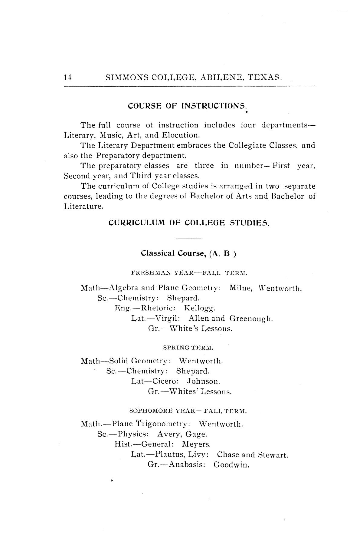 Catalogue of Simmons College, 18981899 Page 14 The Portal to Texas