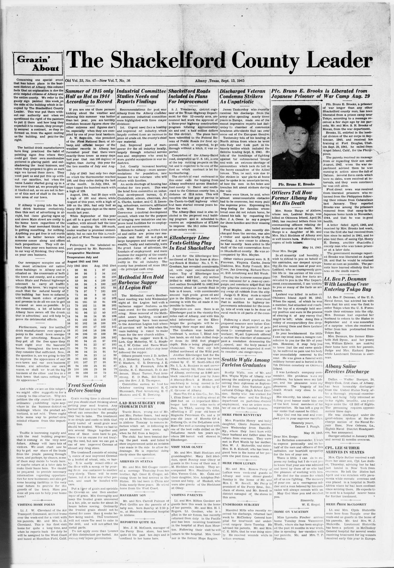 The Shackelford County Leader (Albany, Tex.), Vol. 7, No. 36, Ed. 1 Thursday, September 13, 1945
                                                
                                                    [Sequence #]: 1 of 12
                                                