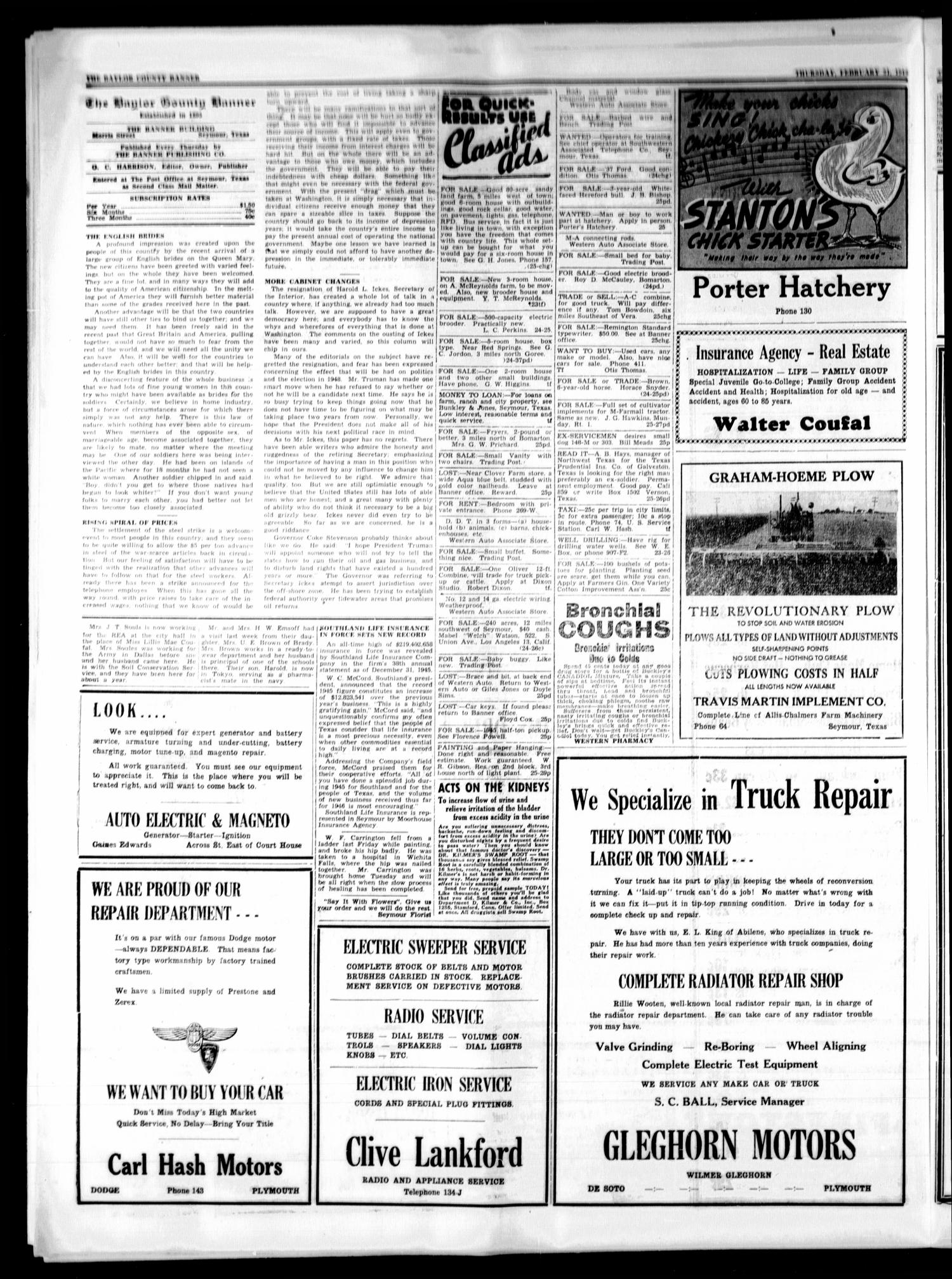 The Baylor County Banner (Seymour, Tex.), Vol. 51, No. 25, Ed. 1 Thursday, February 21, 1946
                                                
                                                    [Sequence #]: 4 of 10
                                                
