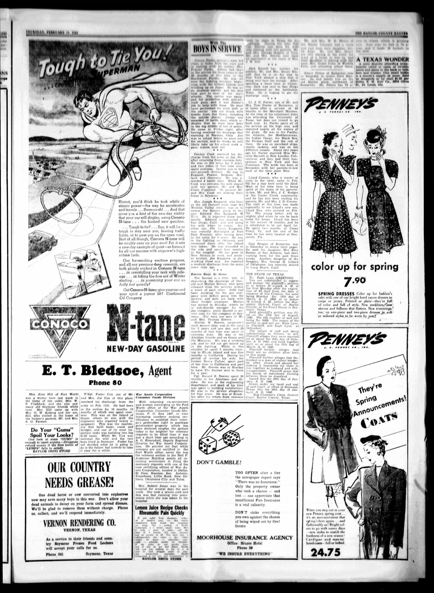 The Baylor County Banner (Seymour, Tex.), Vol. 51, No. 25, Ed. 1 Thursday, February 21, 1946
                                                
                                                    [Sequence #]: 7 of 10
                                                