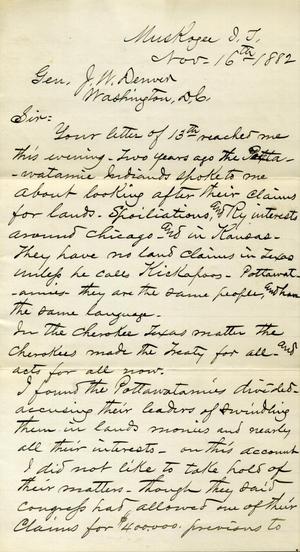 Primary view of object titled '[Letter from I. G. Vore to J. W. Denver, November 16, 1882]'.