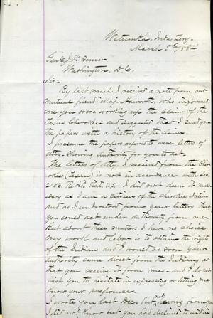 Primary view of object titled '[Letter from I. G. Vore to J. W. Denver, March 5, 1884]'.