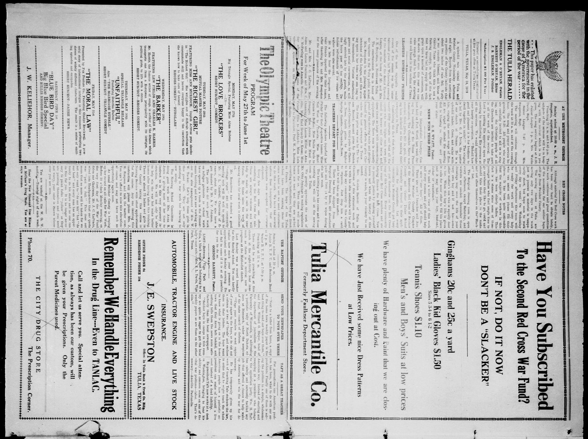 The Tulia Herald (Tulia, Tex), Vol. 9, No. 21, Ed. 1, Friday, May 24, 1918
                                                
                                                    4
                                                