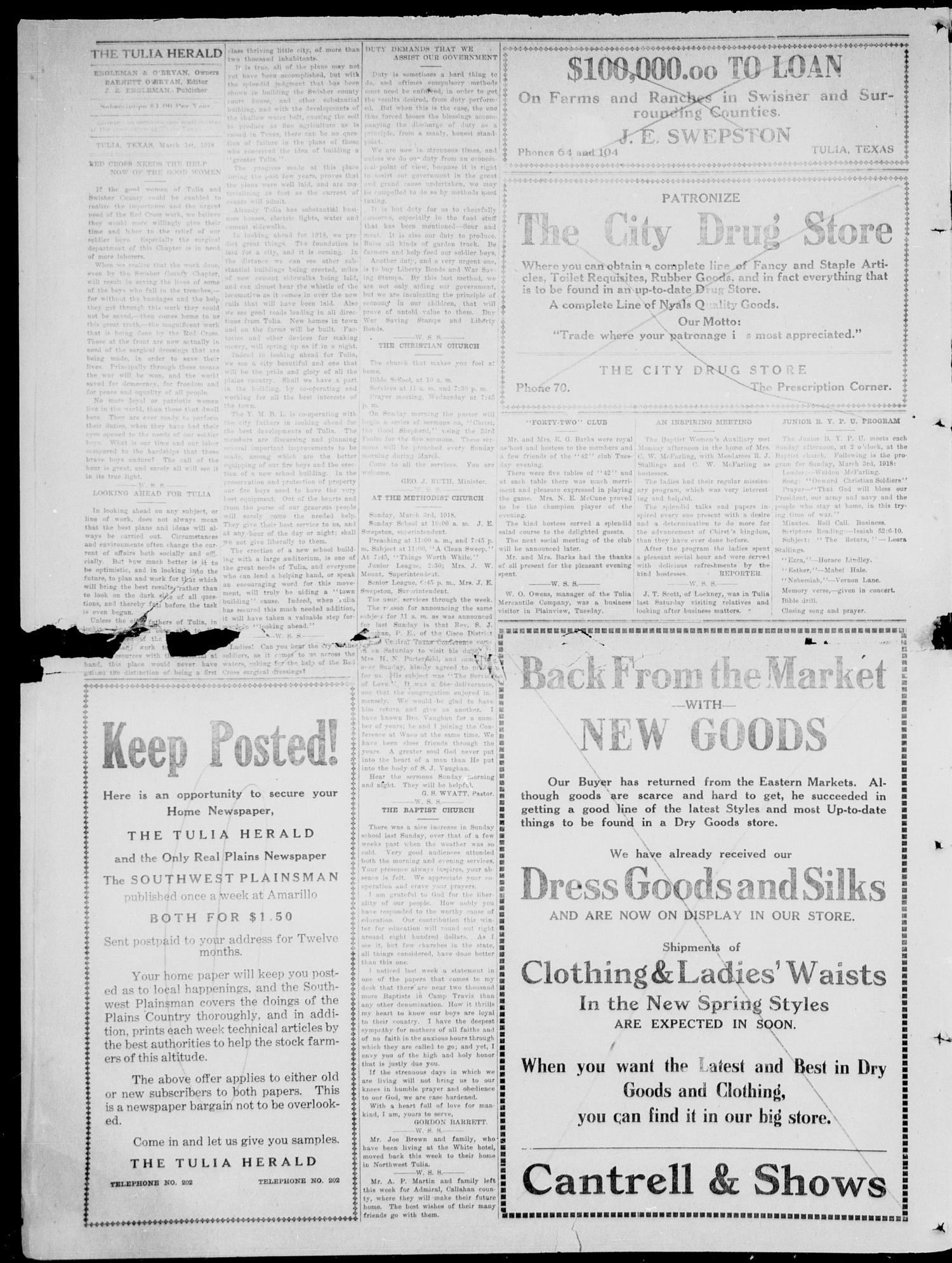 The Tulia Herald (Tulia, Tex), Vol. 9, No. 9, Ed. 1, Friday, March 1, 1918
                                                
                                                    4
                                                