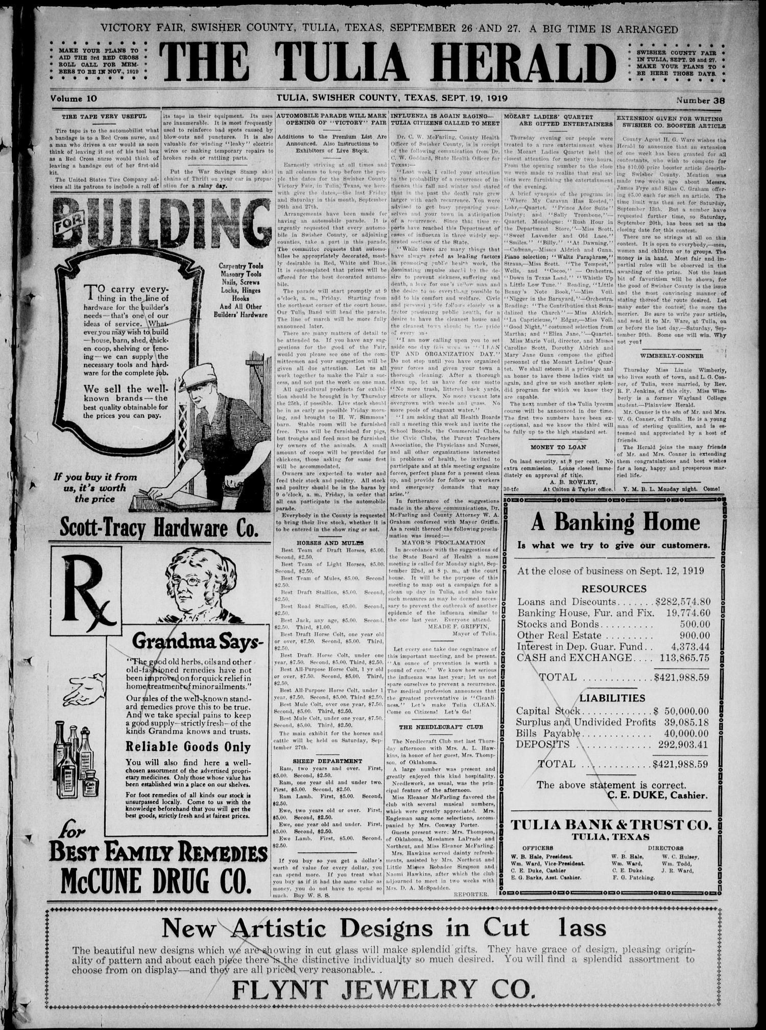The Tulia Herald (Tulia, Tex), Vol. 10, No. 38, Ed. 1, Friday, September 19, 1919
                                                
                                                    11
                                                