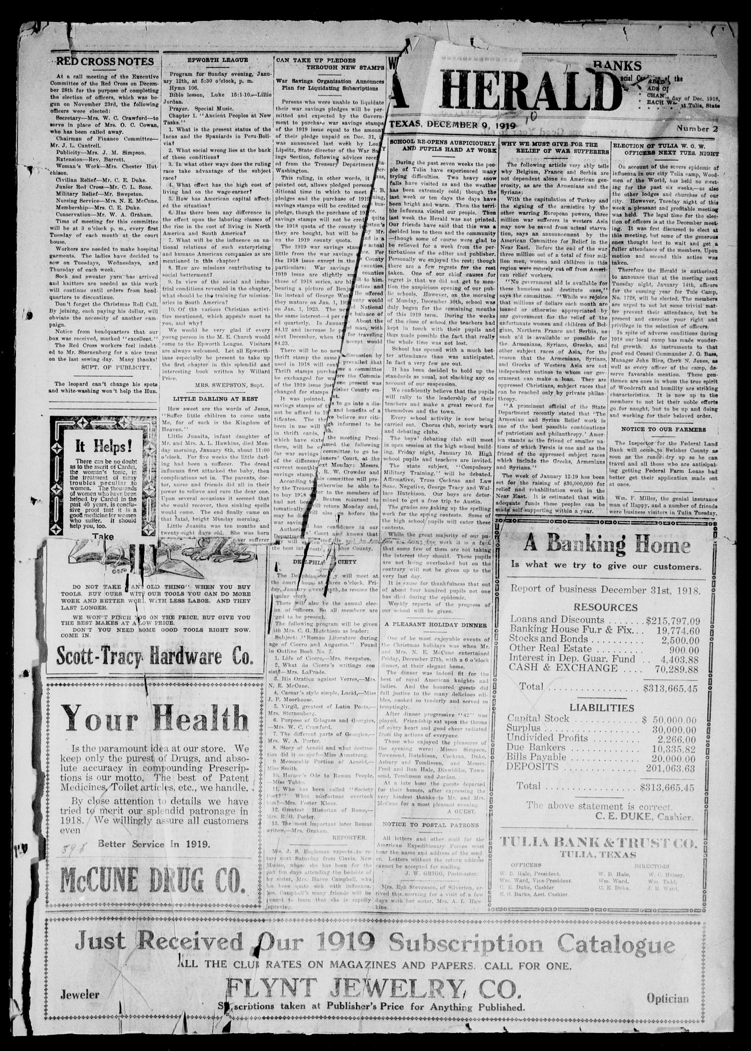 The Tulia Herald (Tulia, Tex), Vol. 10, No. 2, Ed. 1, Thursday, January 9, 1919
                                                
                                                    9
                                                