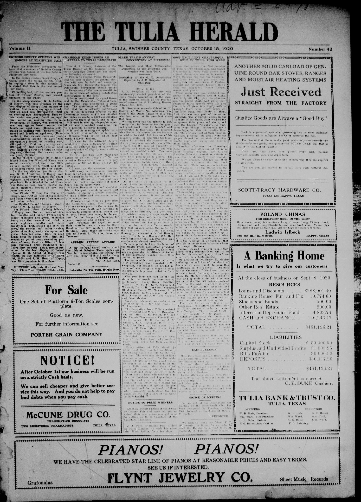 The Tulia Herald (Tulia, Tex), Vol. 11, No. 42, Ed. 1, Friday, October 15, 1920
                                                
                                                    1
                                                