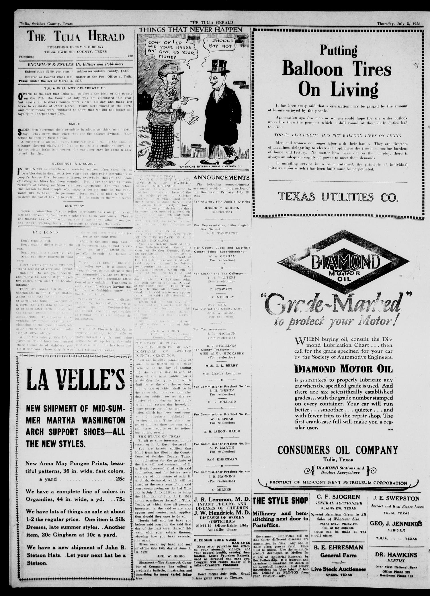 The Tulia Herald (Tulia, Tex), Vol. 19, No. 27, Ed. 1, Thursday, July 5, 1928
                                                
                                                    12
                                                