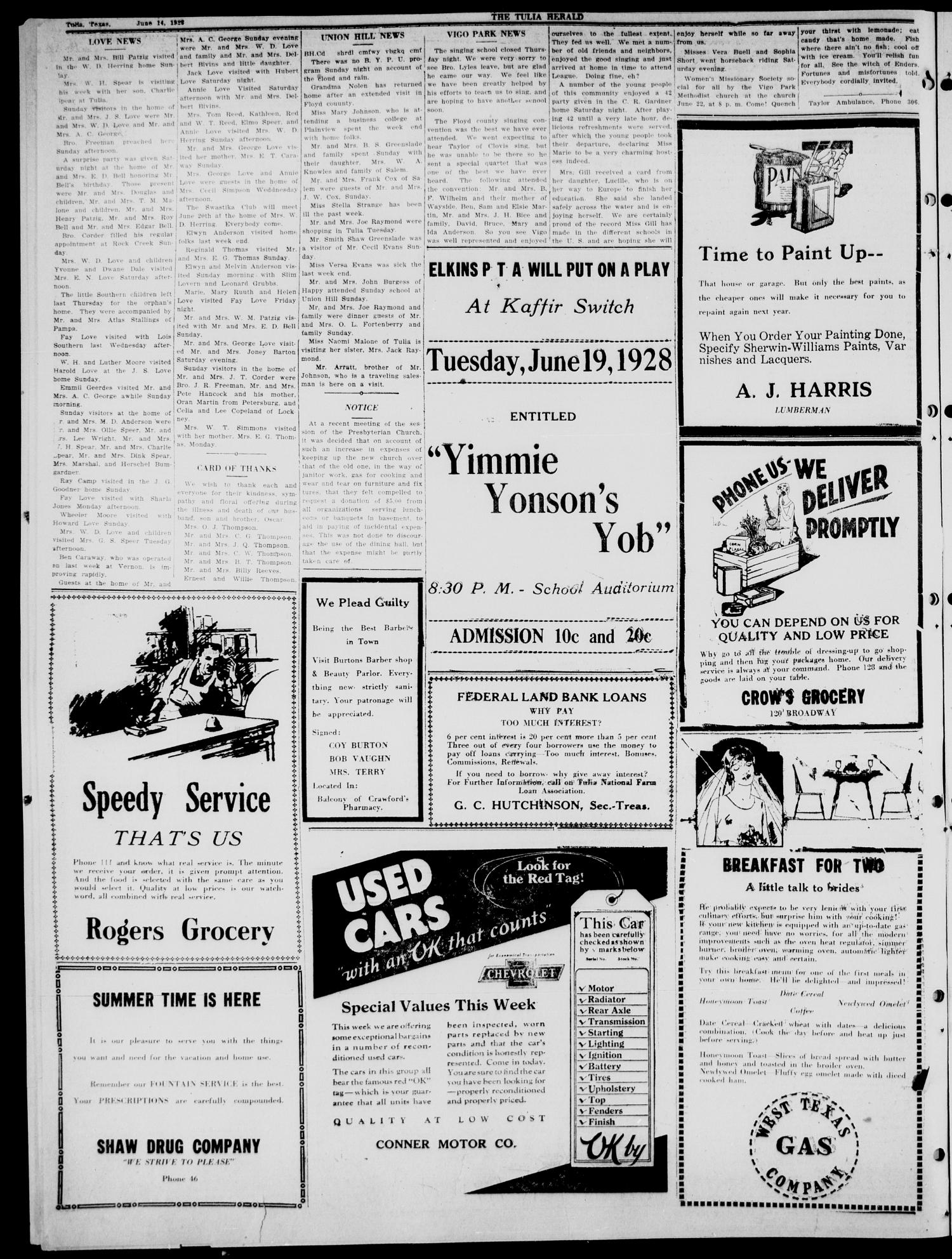 The Tulia Herald (Tulia, Tex), Vol. 19, No. 24, Ed. 1, Thursday, June 14, 1928
                                                
                                                    10
                                                