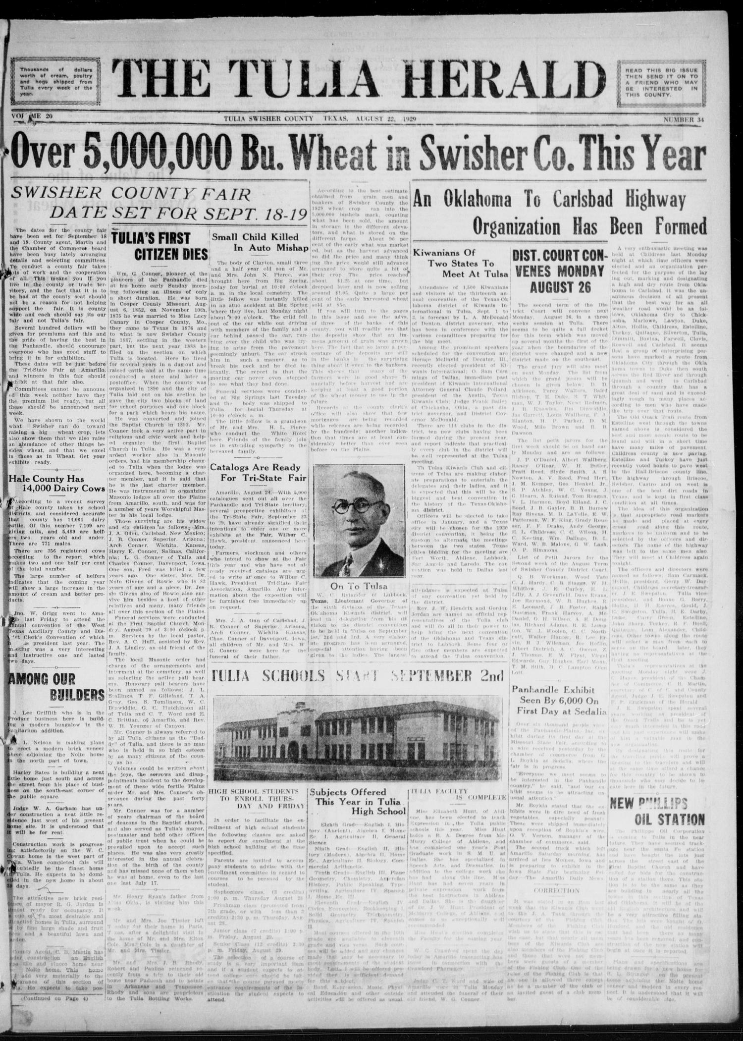 The Tulia Herald Tulia Tex Vol No 34 Ed 1 Thursday August 22 1929 Page 1 The Portal To Texas History
