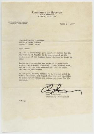 Primary view of object titled '[Letter from Patrick Nicholson to Western Texas College - April 24, 1972]'.
