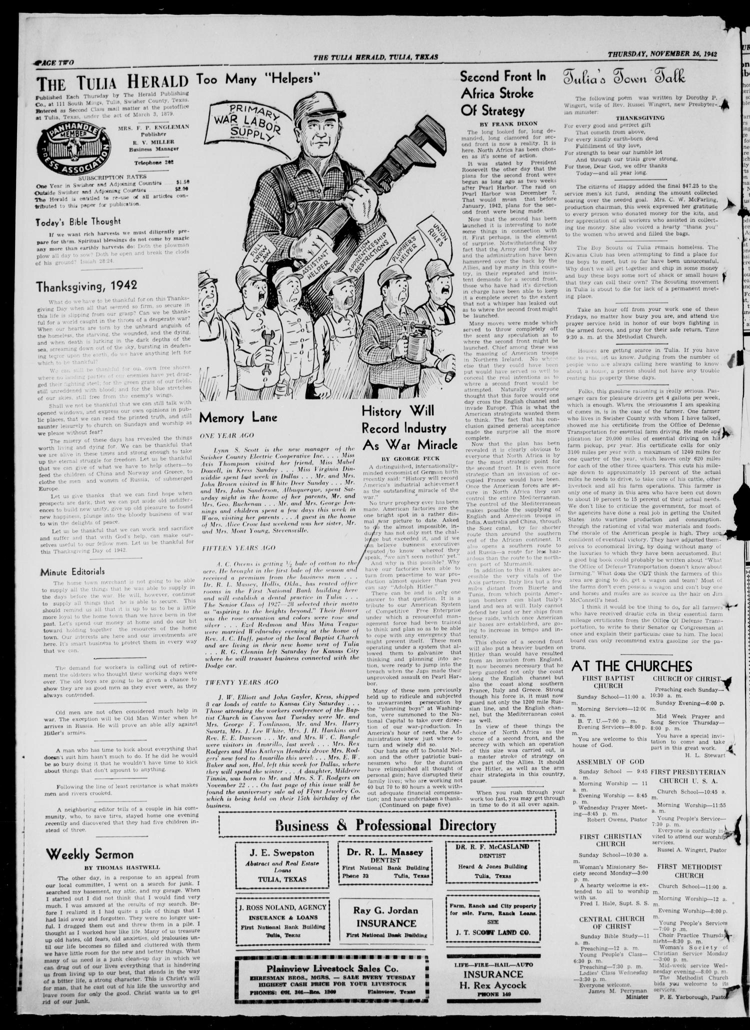 The Tulia Herald (Tulia, Tex), Vol. 33, No. 48, Ed. 1, Thursday, November 26, 1942
                                                
                                                    2
                                                
