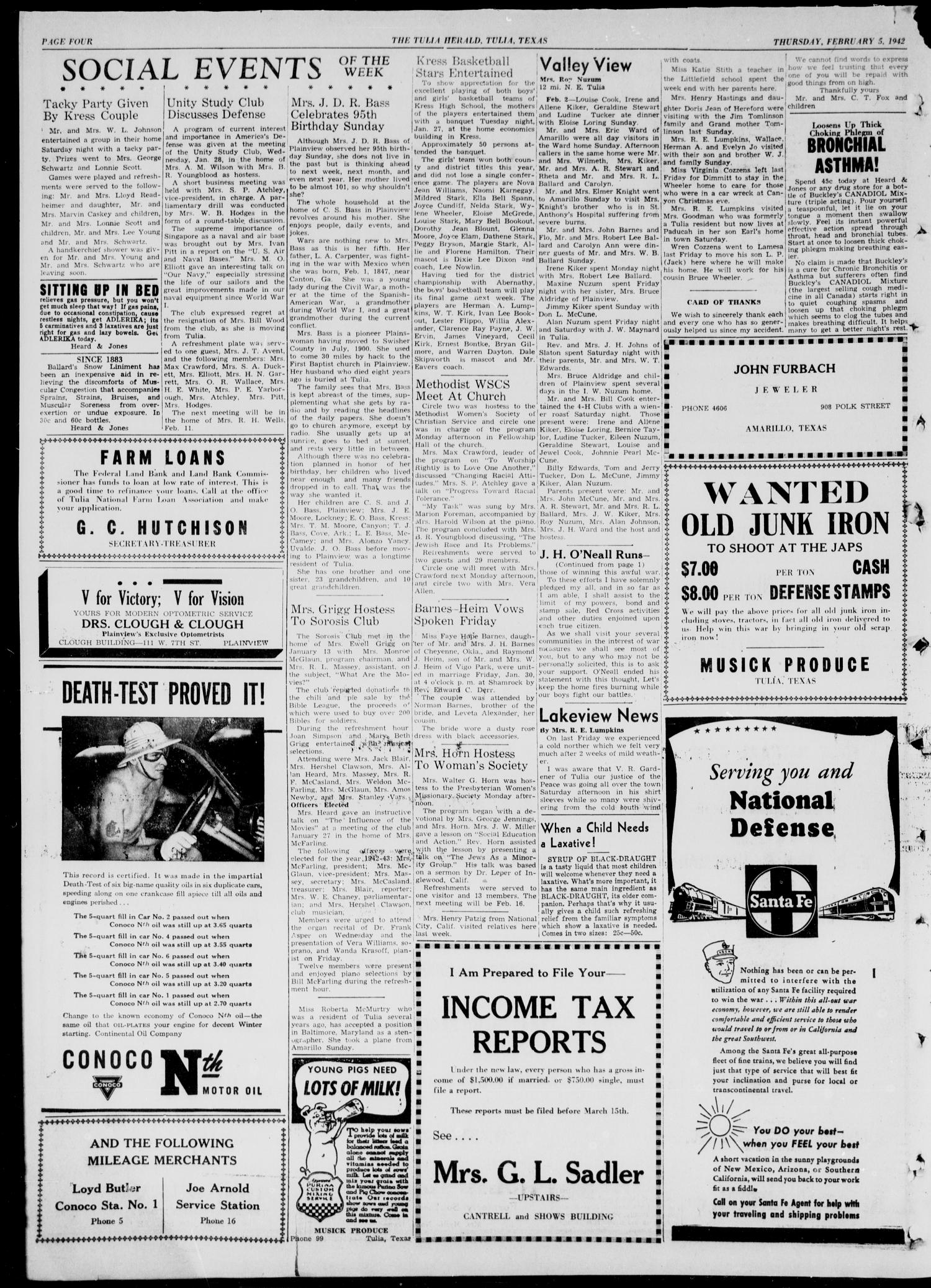 The Tulia Herald (Tulia, Tex), Vol. 33, No. 6, Ed. 1, Thursday, February 5, 1942
                                                
                                                    4
                                                