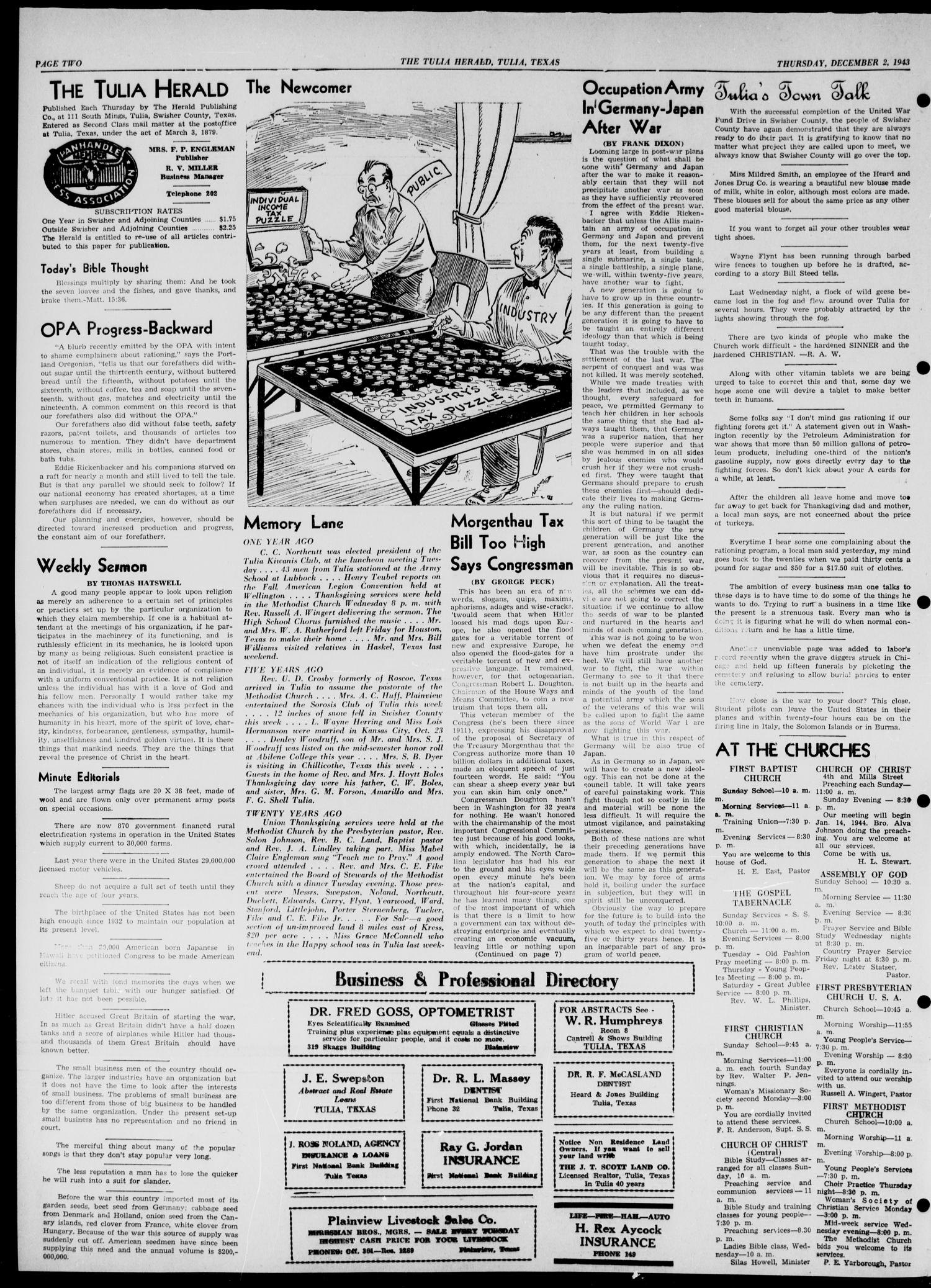 The Tulia Herald (Tulia, Tex), Vol. 34, No. 48, Ed. 1, Thursday, December 2, 1943
                                                
                                                    2
                                                