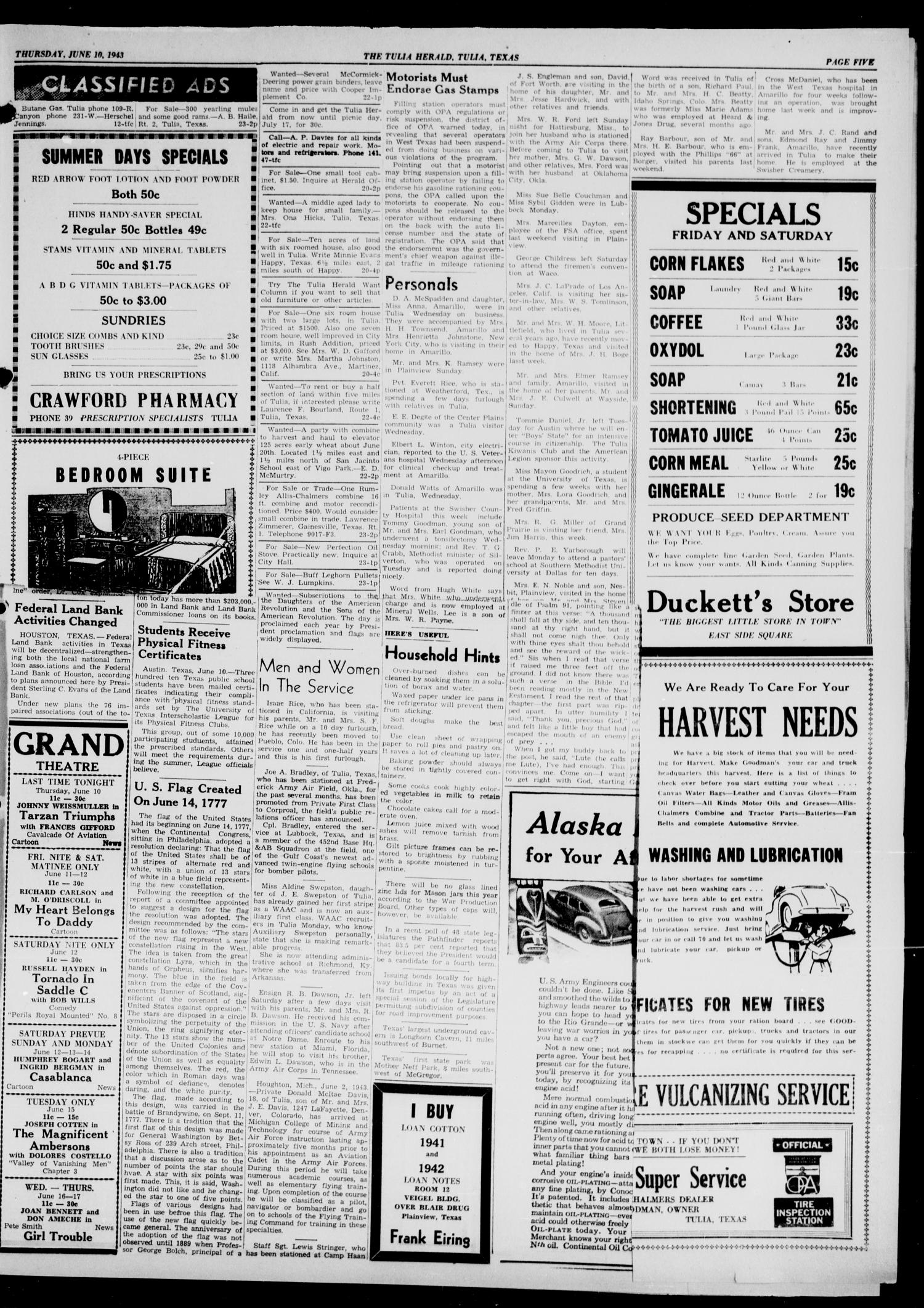 The Tulia Herald (Tulia, Tex), Vol. 34, No. 23, Ed. 1, Thursday, June 10, 1943
                                                
                                                    5
                                                