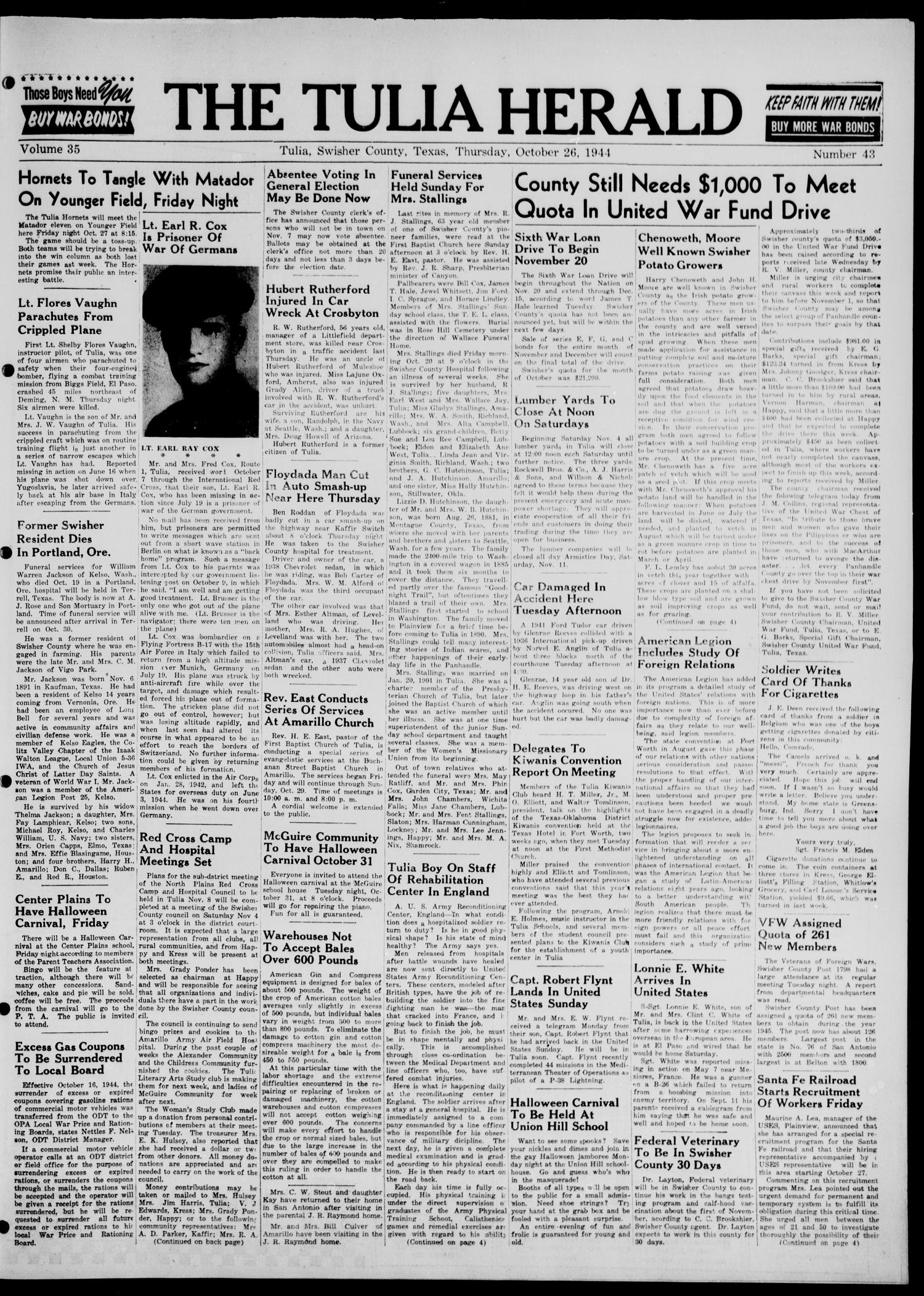 The Tulia Herald (Tulia, Tex), Vol. 35, No. 43, Ed. 1, Thursday, October 26, 1944
                                                
                                                    1
                                                