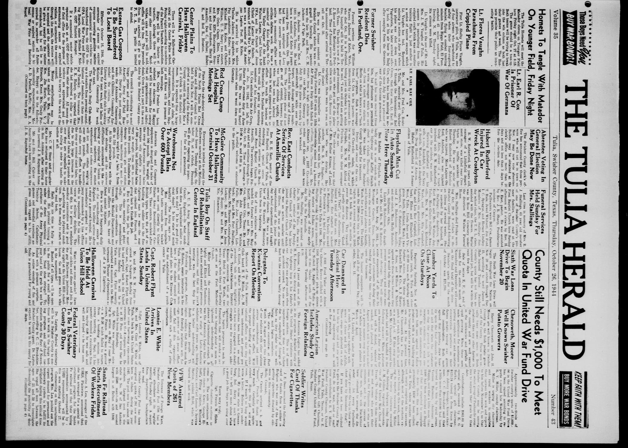 The Tulia Herald (Tulia, Tex), Vol. 35, No. 43, Ed. 1, Thursday, October 26, 1944
                                                
                                                    1
                                                