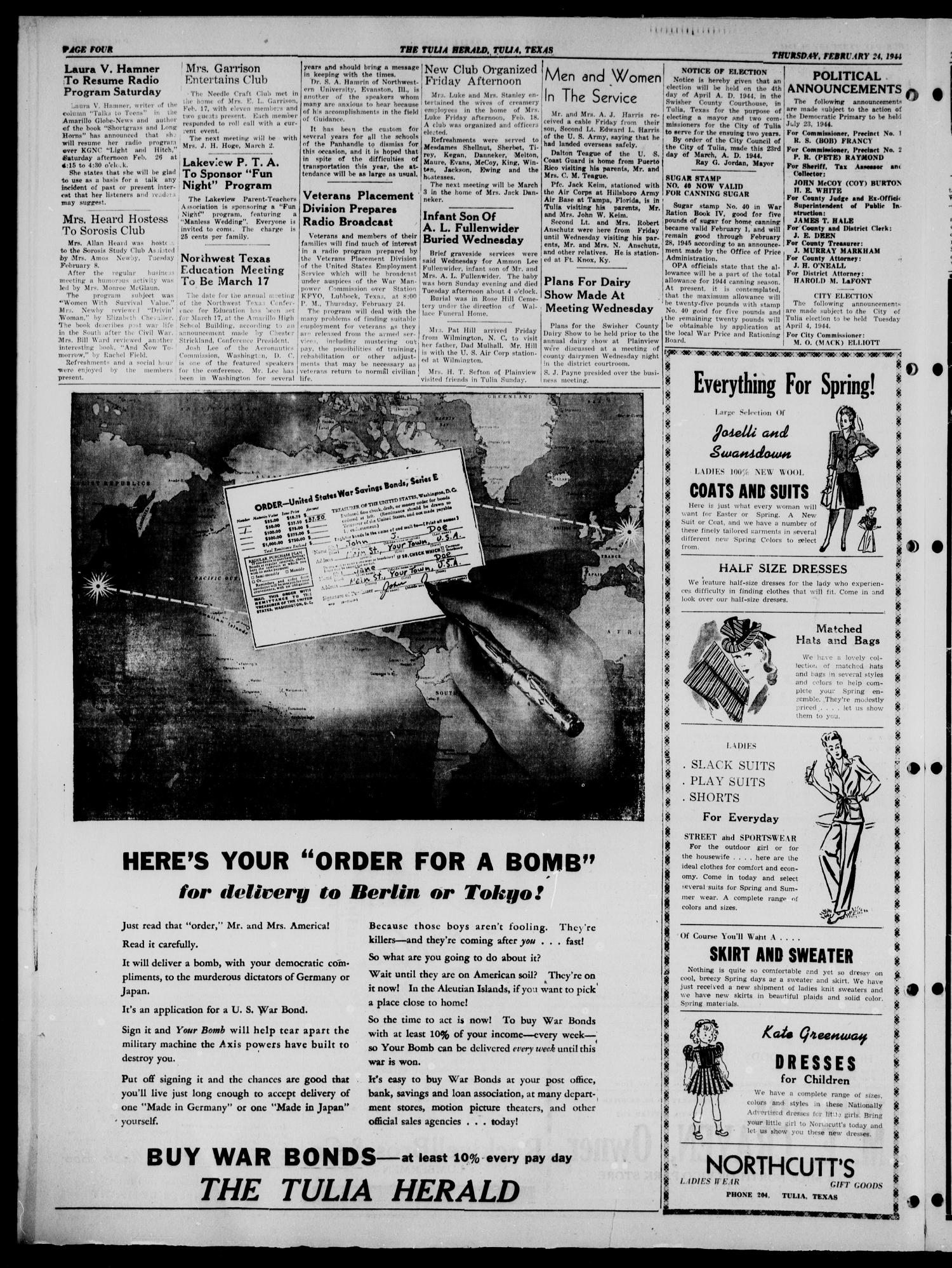 The Tulia Herald (Tulia, Tex), Vol. 35, No. 8, Ed. 1, Thursday, February 24, 1944
                                                
                                                    4
                                                
