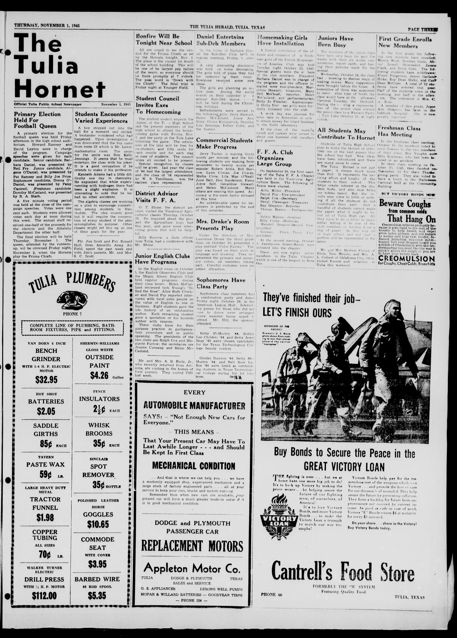 The Tulia Herald (Tulia, Tex), Vol. 36, No. 44, Ed. 1, Thursday, November 1, 1945
                                                
                                                    3
                                                